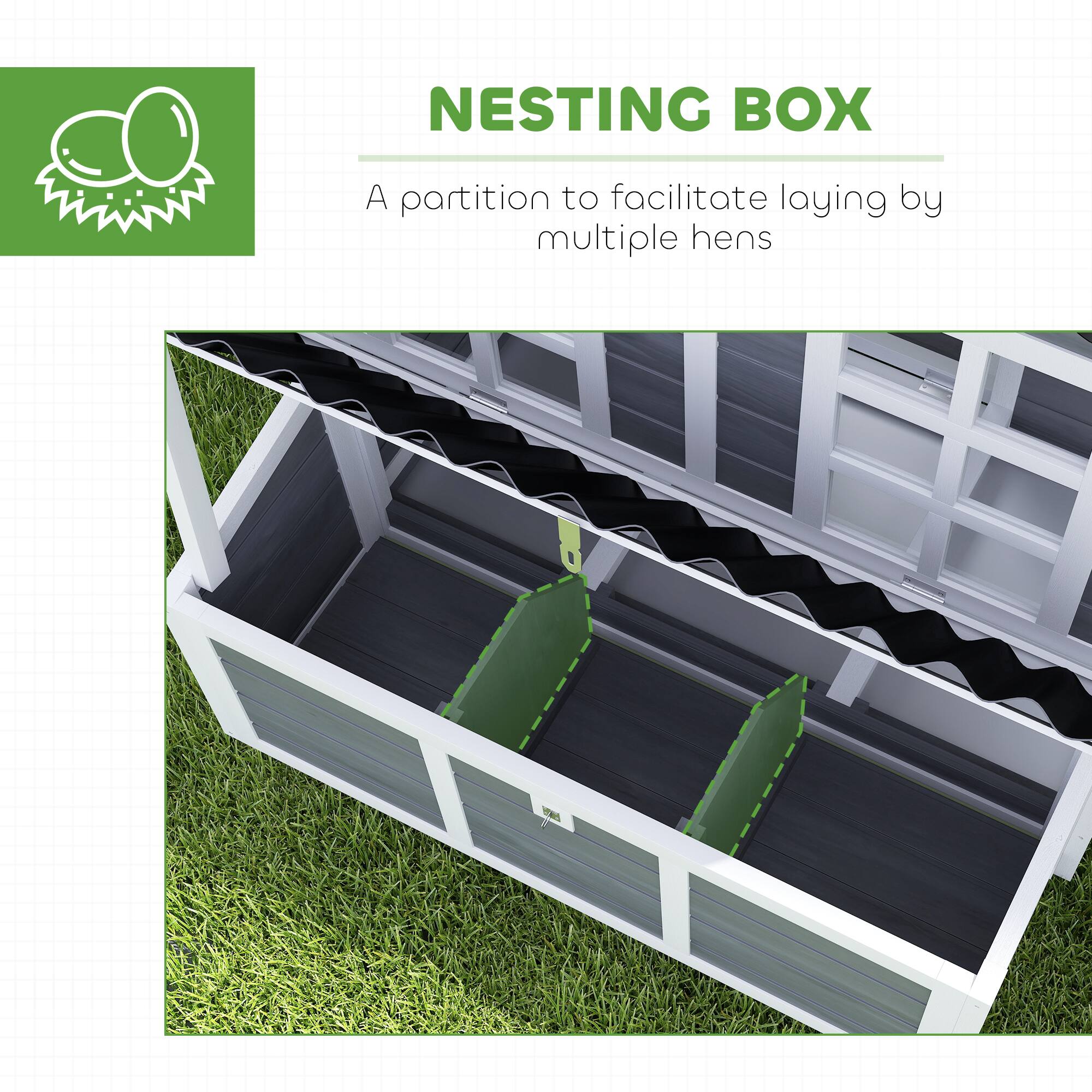 NESTING BOX  
A partition to facilitate laying by multiple hens