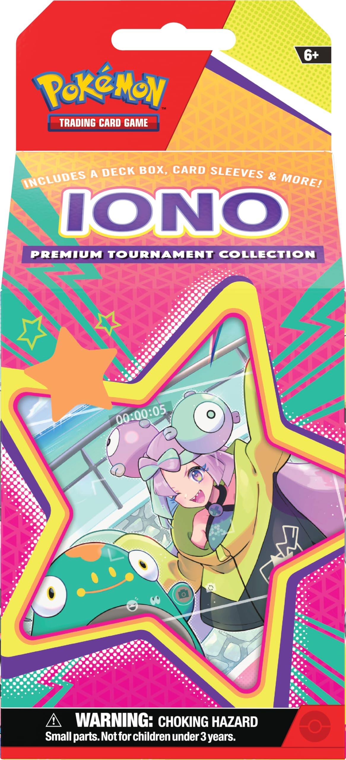 Pokémon - Trading Card Game 6+ A Deck Box, Card Sleeves Includes & More! Iono Premium Tournament Collection 00:00:05! Warning: Choking Hazard Small parts. Not for children under 3 years.