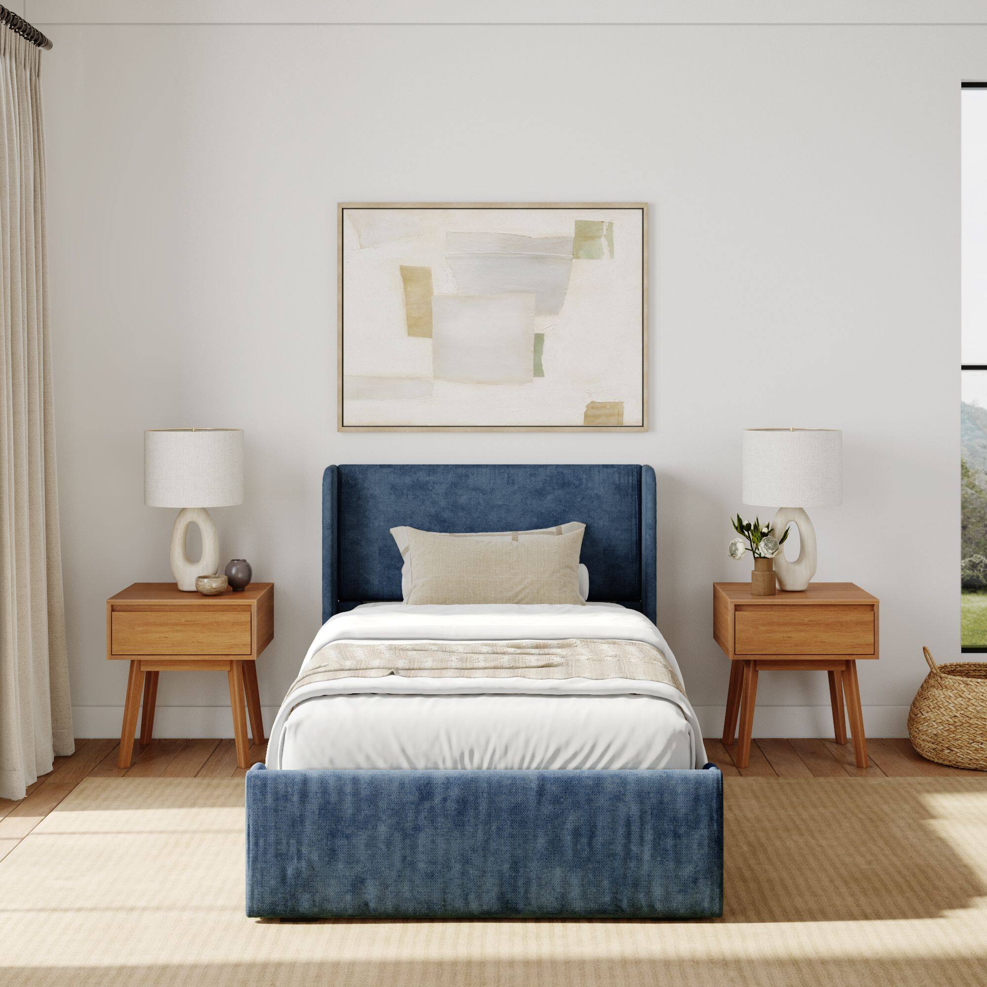 Alt View 1. Plank+Beam - Upholstered Bed with Rectangular Headboard (Twin), Blue - Blue.
