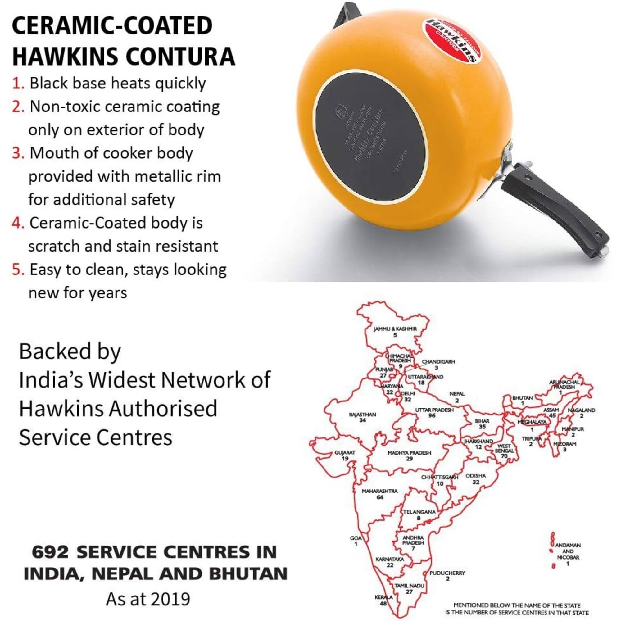CERAMIC-COATED HAWKINS CONTURA

1. Black base heats quickly
2. Non-toxic ceramic coating only on exterior of body
3. Mouth of cooker body provided with metallic rim for additional safety
4. Ceramic-Coated body is scratch and stain resistant
5. Easy to clean, stays looking new for years

Backed by India's Widest Network of Hawkins Authorised Service Centres

692 SERVICE CENTRES IN INDIA, NEPAL AND BHUTAN
As at 2019

HIMACHAL PRADESH 9
CHANDIGARH 3
PUNJAB 27
UTTARAKHAND 18
ARUNACHAL PRADESH 22
DELHI 1
NEPAL 32
BHUTAN 2
UTTAR PRADESH 96
ASSAM 45
NAGALAND 2
RAJASTHAN 34
BIHAR 35
JHARKHAND 1
MANIPUR 2
TRIPURA 1
WEST BENGAL 12
GUJARAT 19
MADHY