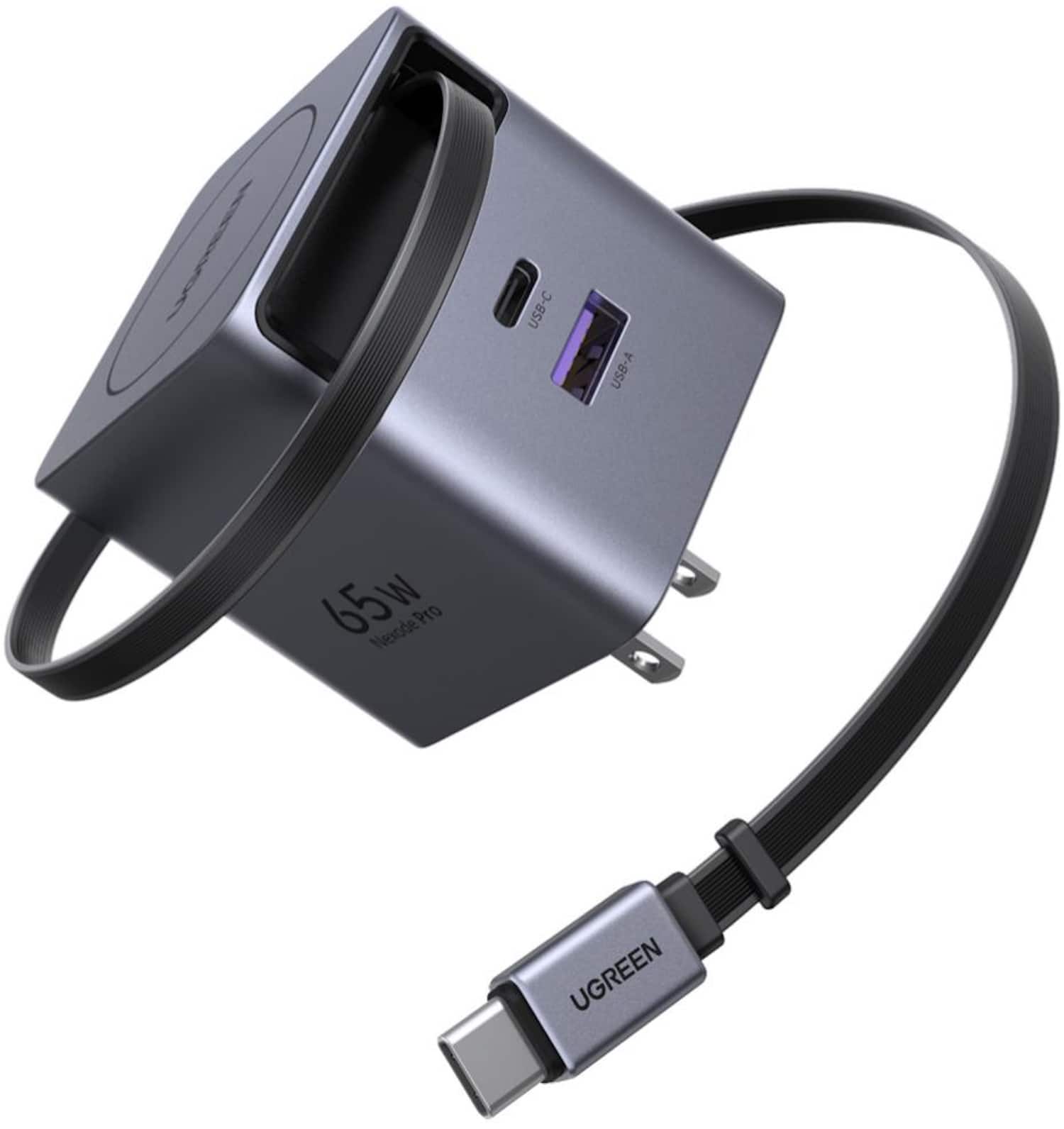 UGREEN - Nexode 65W USB-C Charger with Retractable Cable, PPS Fast GaN Charger for Laptops, Tablets, Cell Phones - Space Gray