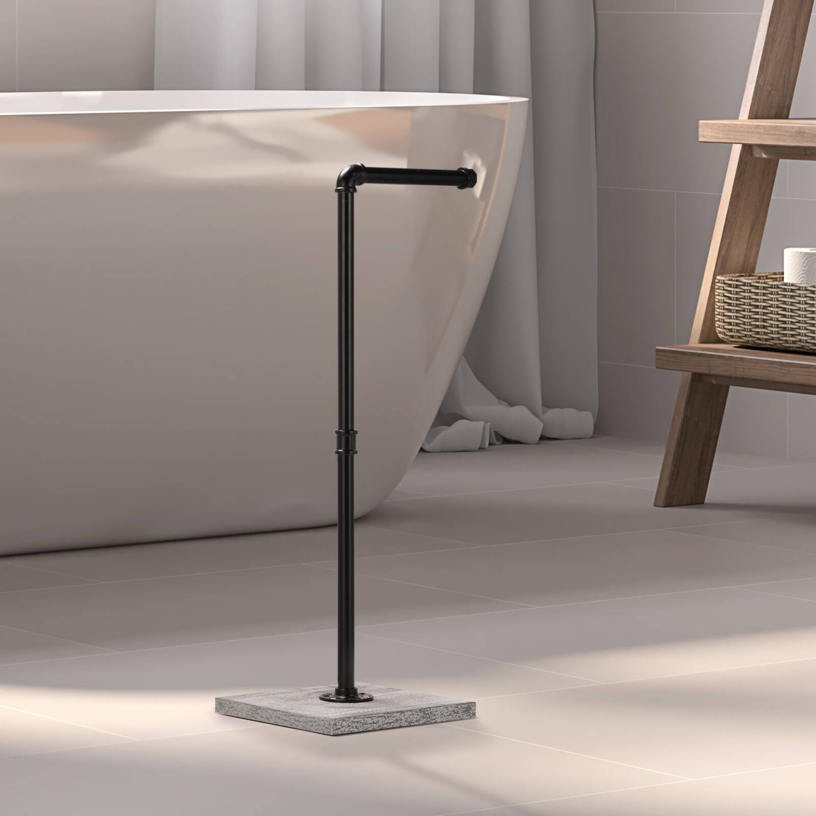 Alt View 2. Oumilen - Industrial Pipe Freestanding Toilet Paper Holder – Black Metal Stand with Graywashed Wood Base.