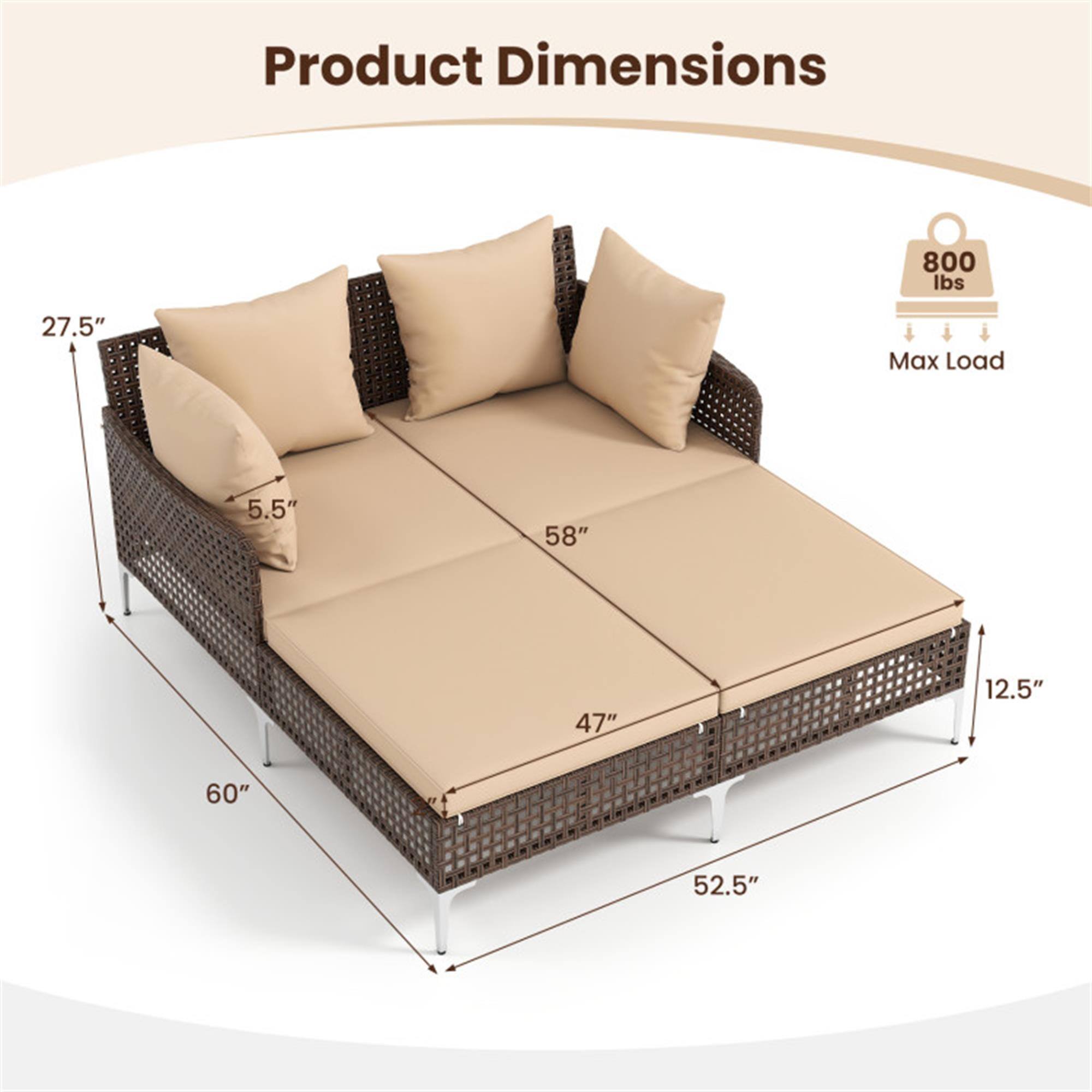 Product Dimensions:  
- 800 lbs Max Load  
- 27.5"  
- 5.5"  
- 58"  
- 47"  
- 12.5"  
- 60"  
- 52.5"