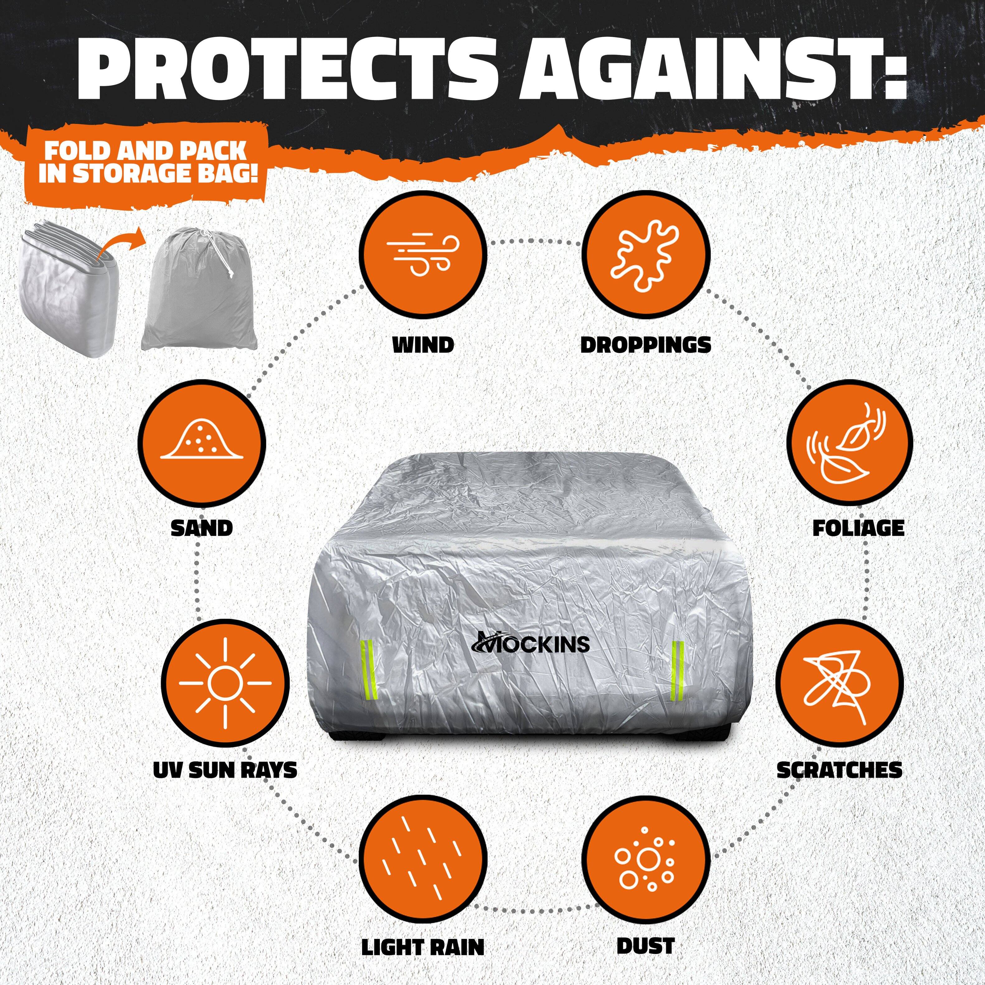 PROTECTS AGAINST:

FOLD AND PACK IN STORAGE BAG!

- WIND
- DROPPINGS
- SAND
- UV SUN RAYS
- LIGHT RAIN
- DUST
- FOLIAGE
- SCRATCHES