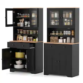 Costway - Pantry Cabinet 67" Tall Kitchen Floor Cabinet with 2 Removable Shelves 2 Drawers - Black