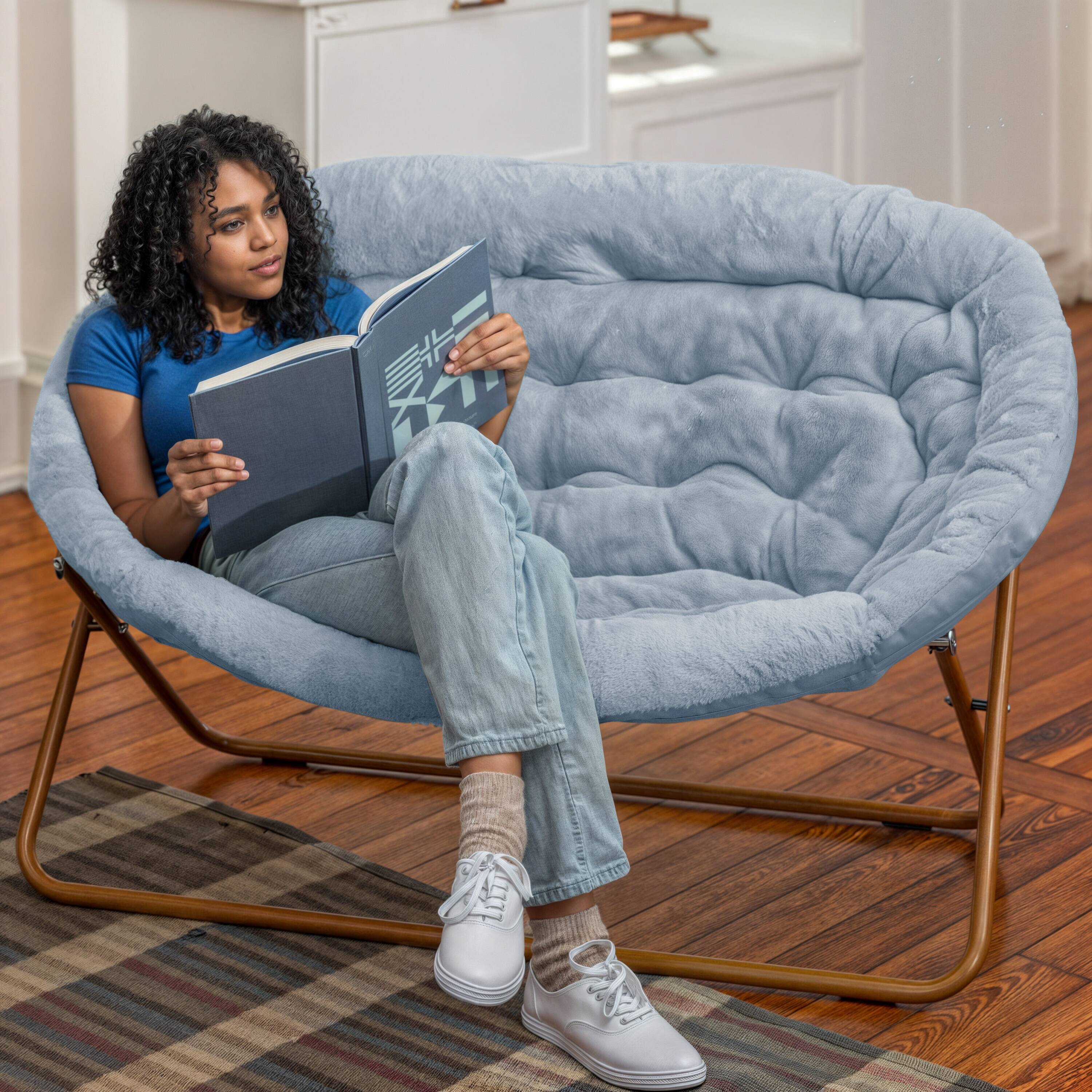 Alt View 3. Emma + Oliver - Janey Folding Double Saucer Chair with Steel Frame for Dorm, Living Room, or Bedroom - Aqua Fabric/Soft Gold Frame.