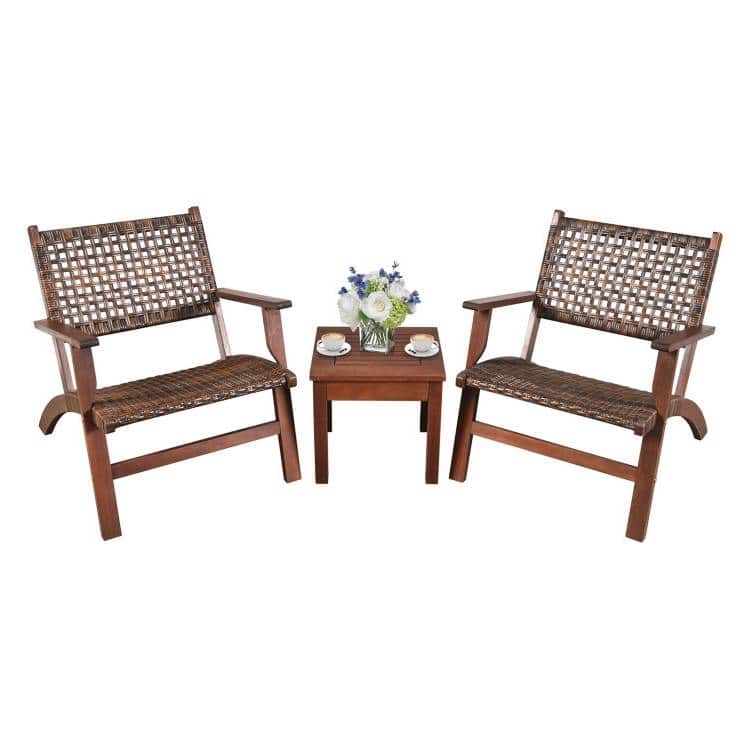 Hivvago - 3 Piece Wooden Rattan Outdoor Patio Furniture Chair Table Bistro Set - Brown