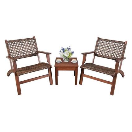 Front. Hivvago - 3 Piece Wooden Rattan Outdoor Patio Furniture Chair Table Bistro Set - Brown.