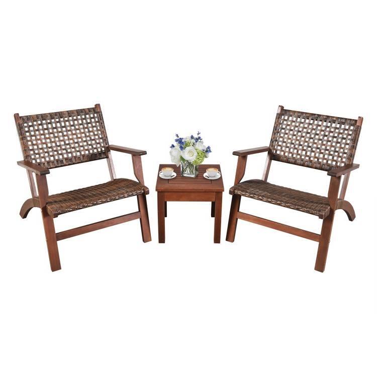 Front. Hivvago - 3 Piece Wooden Rattan Outdoor Patio Furniture Chair Table Bistro Set - Brown.