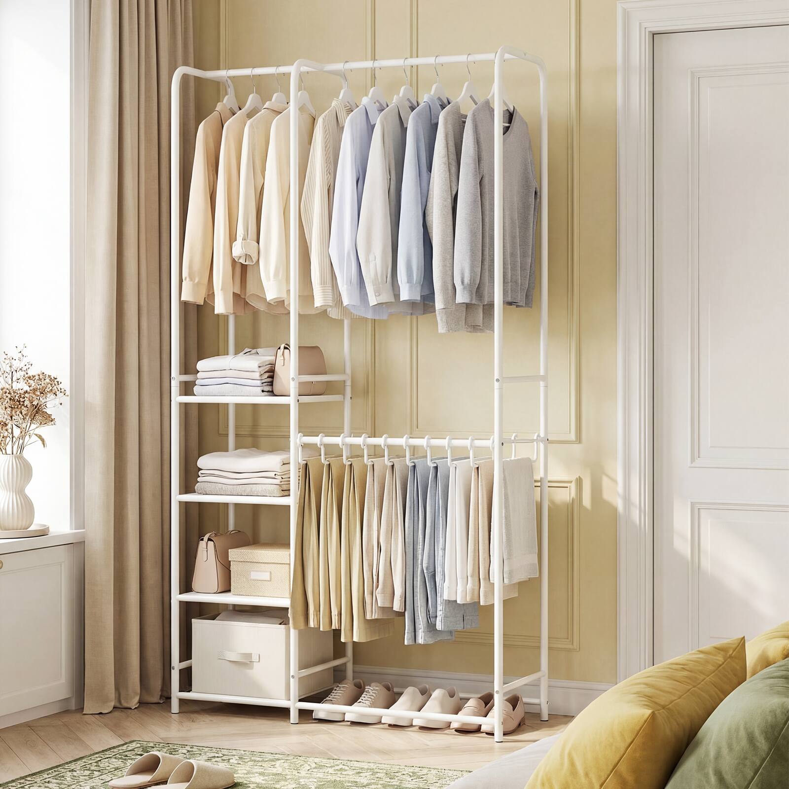 Alt View 3. Gymax - Gymax Portable Closet w/Pants Hangers 2 Hanging Rods 4 Storage Shelves for Bedroom White - White.
