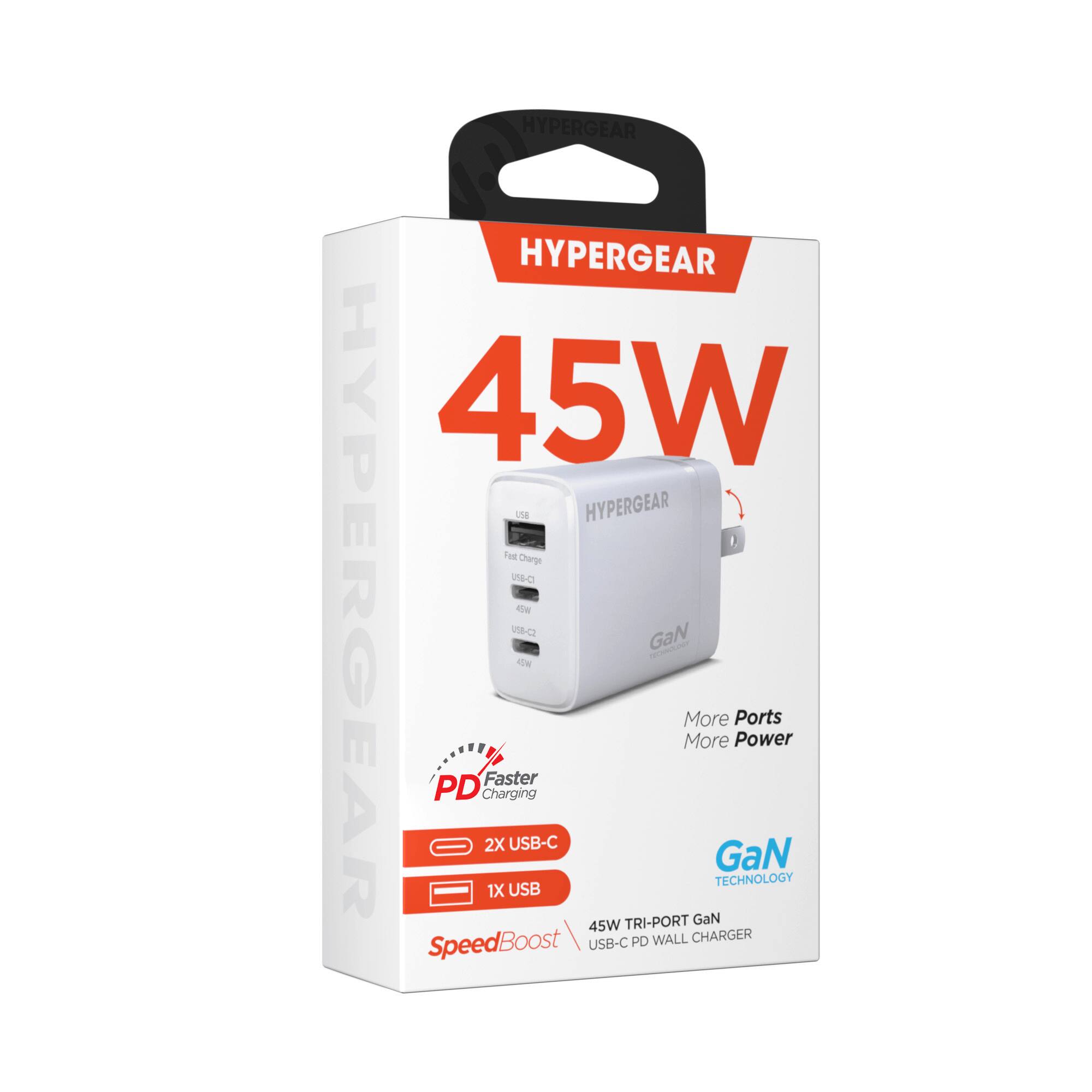 HYPERGEAR 45W USB-C PD Charging Wall Charger

- 2X USB-C
- 1X USB
- GaN TECHNOLOGY
- Faster Charging
- More Ports, More Power
- 45W TRI-PORT GaN USB-C PD WALL CHARGER
