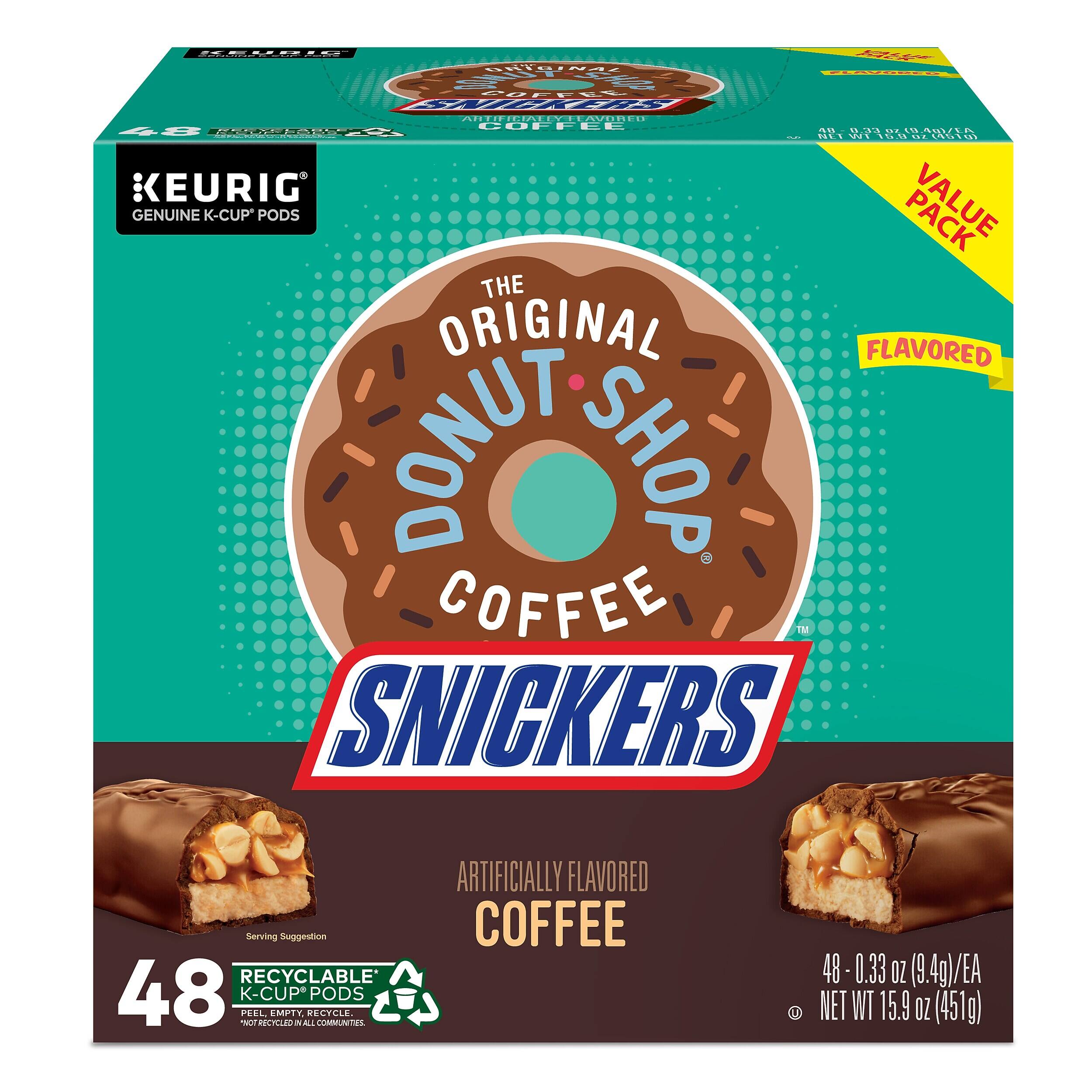 MEMOAN BAe FUUTTEE buFrLts ... CFEITT LEAVUDEU A8 ORE I COFFEE . U31 I5 A - NiS h0. ... .. KEURIG VALUE GENUINE K-CUP PODS THE ORIGINAL FLAVORED DONUT SHOP COFFEE SNICKERS Serving Suggestion RECYCLABLE 48 K-CUP*PODS T PEEL HUPIZS EMPTY i  PECTCLL COMMUNTEL ARTIFICIALLY FLAVORED COFFEE 3 48 0.33 OZ (9.4g)/EA NET WT 15.9 OZ (451g)