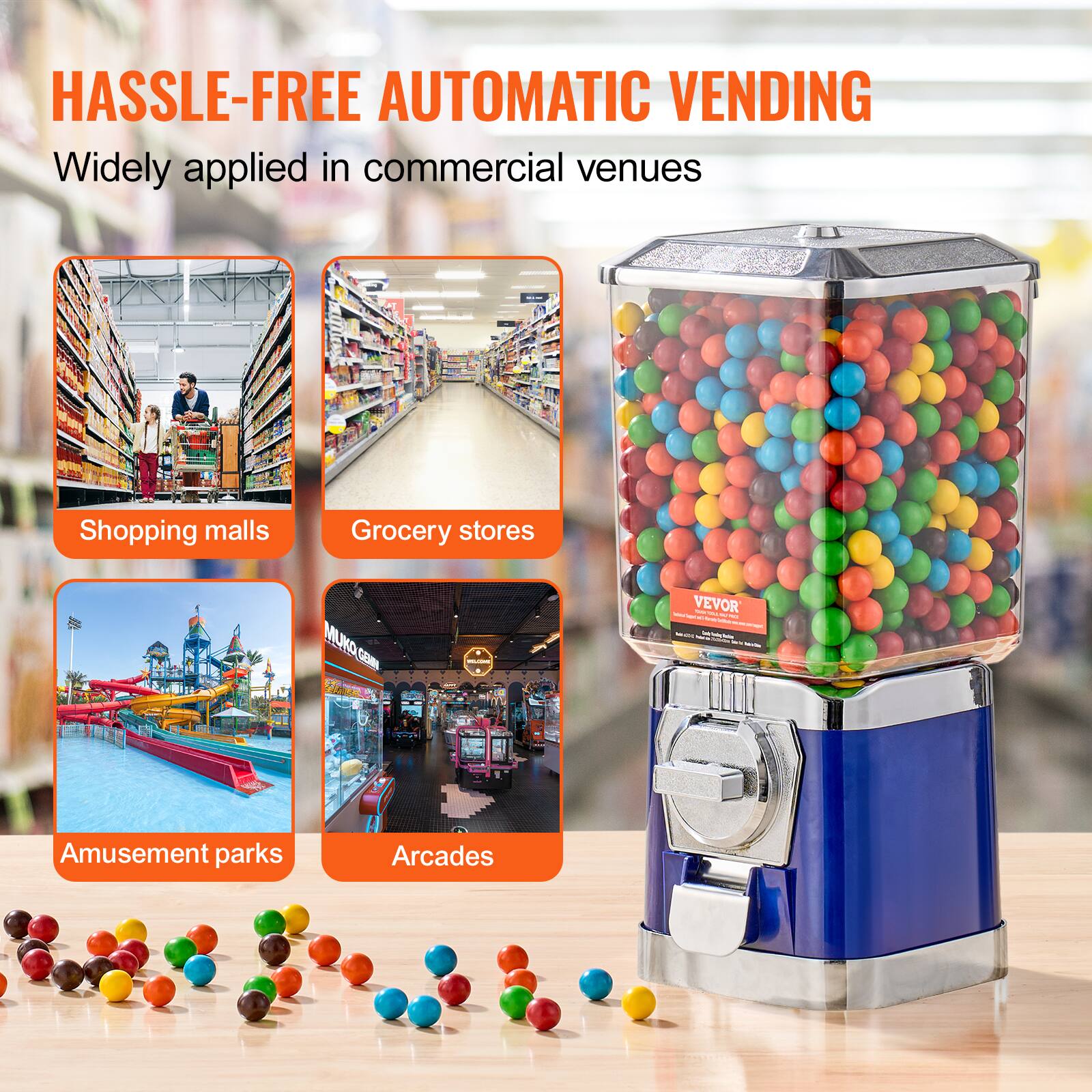 HASSLE-FREE AUTOMATIC VENDING  
Widely applied in commercial venues  

- Shopping malls  
- Grocery stores  
- Amusement parks  
- Arcades  

VEVOR
