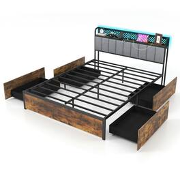 Kadyn - Modern BedFrame Bed TwinFullQueen Bed Frame with LED Lights Upholstered Headboard and 4 Storage DrawersQueen Size - Rustic Brown