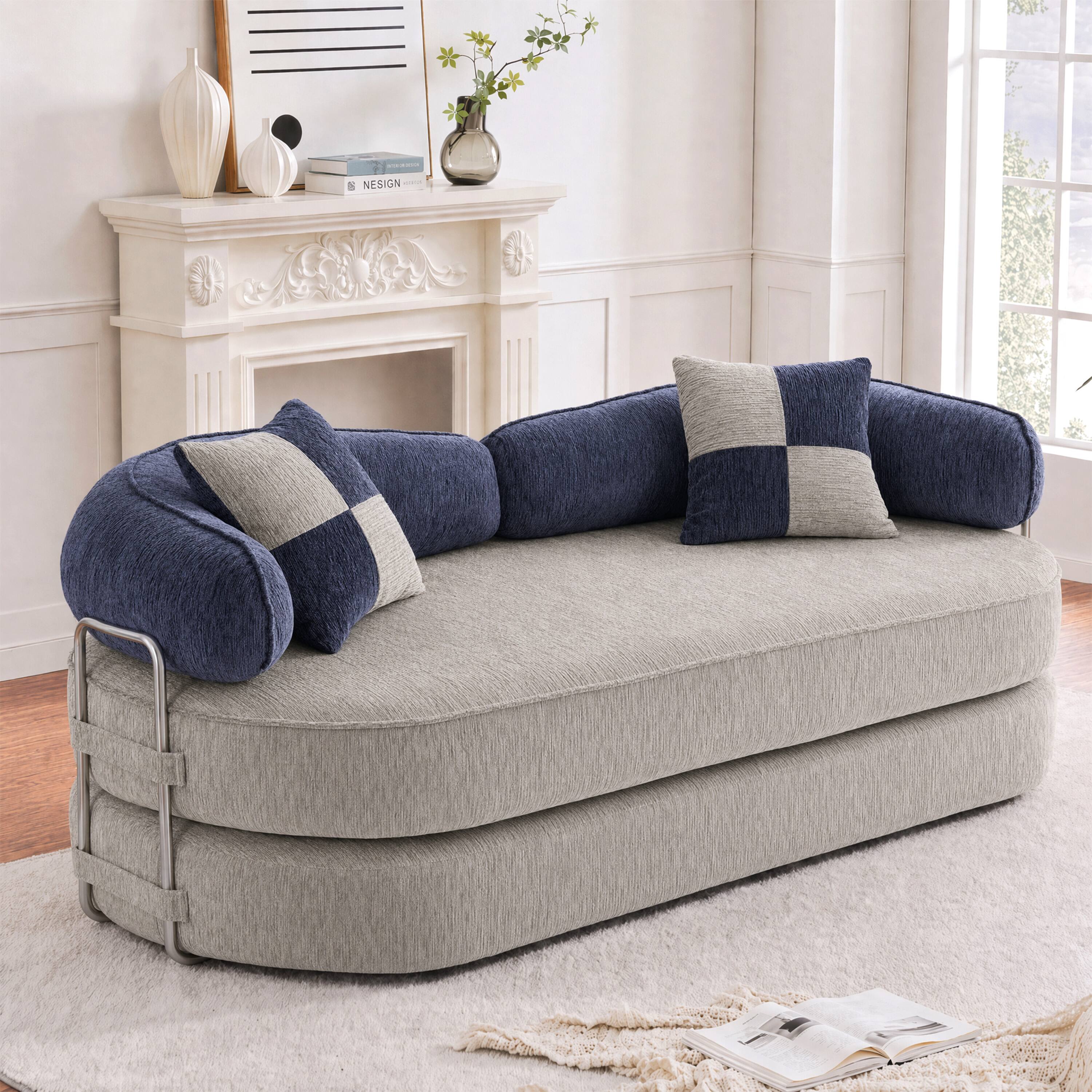 Angle. Vipbear - Curved Loveseat with 4 Pillows, Modern Boneless Couch, Convertible Sleeper Sofa Bed - gray/blue.
