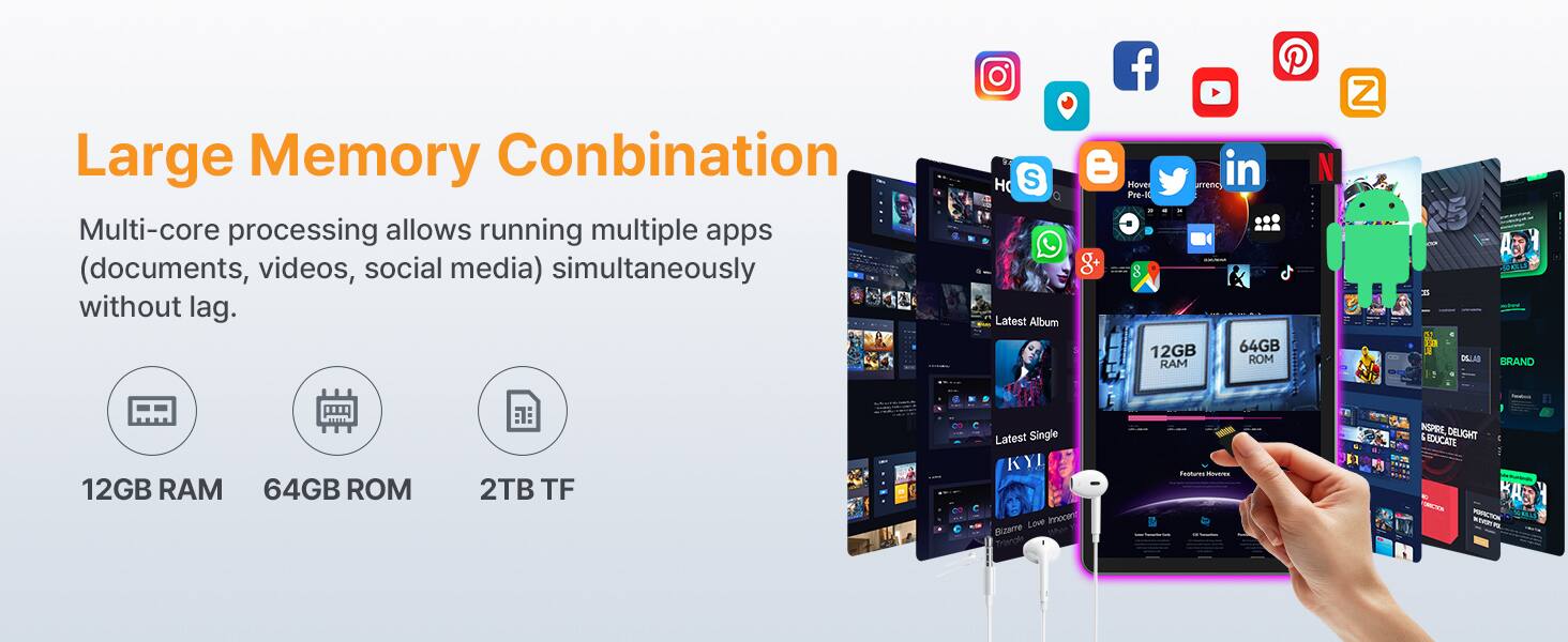 Large Memory Combination Multi-core processing allows running multiple apps (documents, videos, social media) simultaneously without lag.

12GB RAM 64GB ROM 2TB TF

Latest Album
Latest Single

Dizarre Features
FNE INSPRS DELIGHT
EDUCATE
