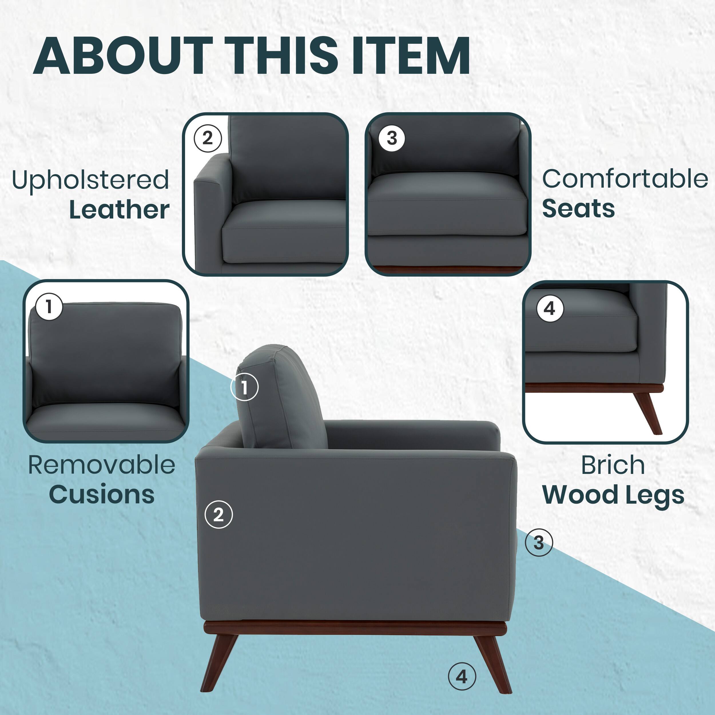 ABOUT THIS ITEM

1. Upholstered Leather
2. Removable Cushions
3. Comfortable Seats
4. Birch Wood Legs