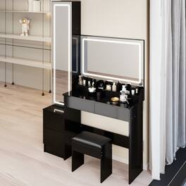 Loheer - Extra Large LED Makeup Vanity with Full Body Mirror Cabinet and Cushioned Stool - Black