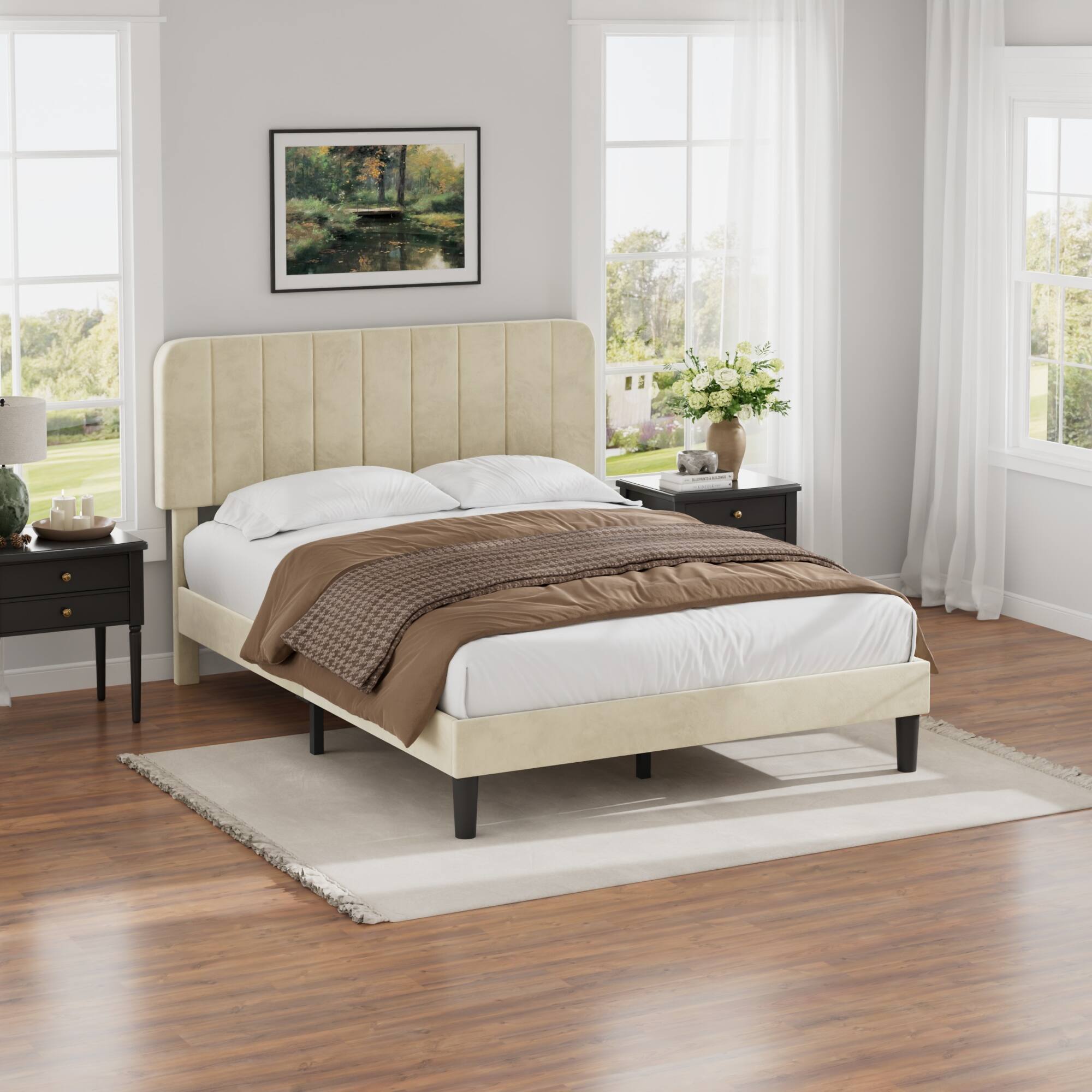 Alt View 2. Vecelo - Upholstered Full Size Platform Bed Frame with Adjustable Headboard,Velvet Bed Frame No Box Spring Needed - Beige.