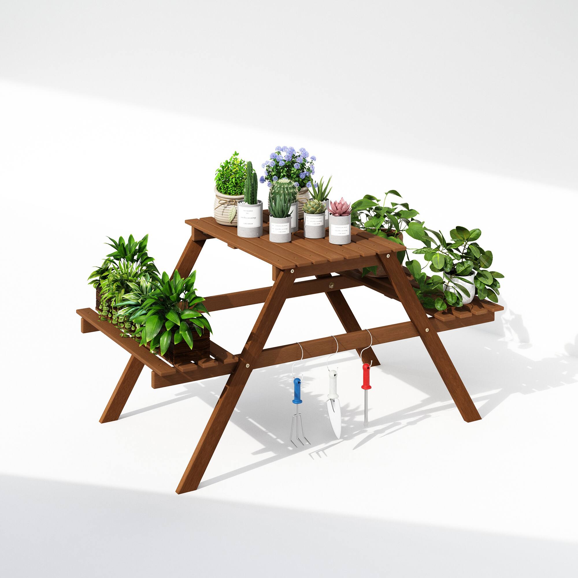 Alt View 3. Furinno - Tioman Outdoor Hardwood 3-Tier Freestanding Plant Stand, Plant Shelf Organizer - Natural.