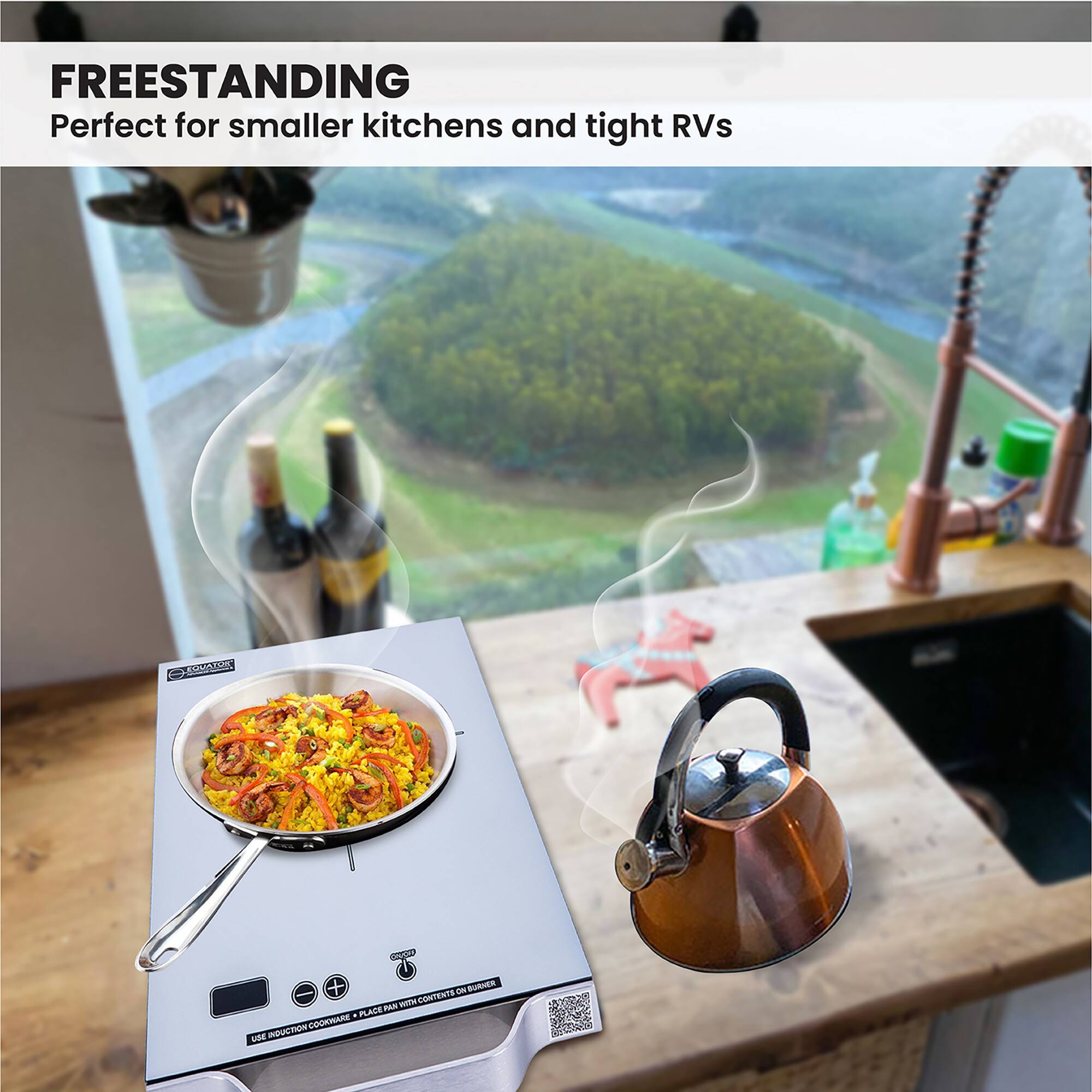 FREESTANDING  
Perfect for smaller kitchens and tight RVs  

USE REDUCTION COOKWARE • PLACE PAN WITH CONTENTS ON BURNER