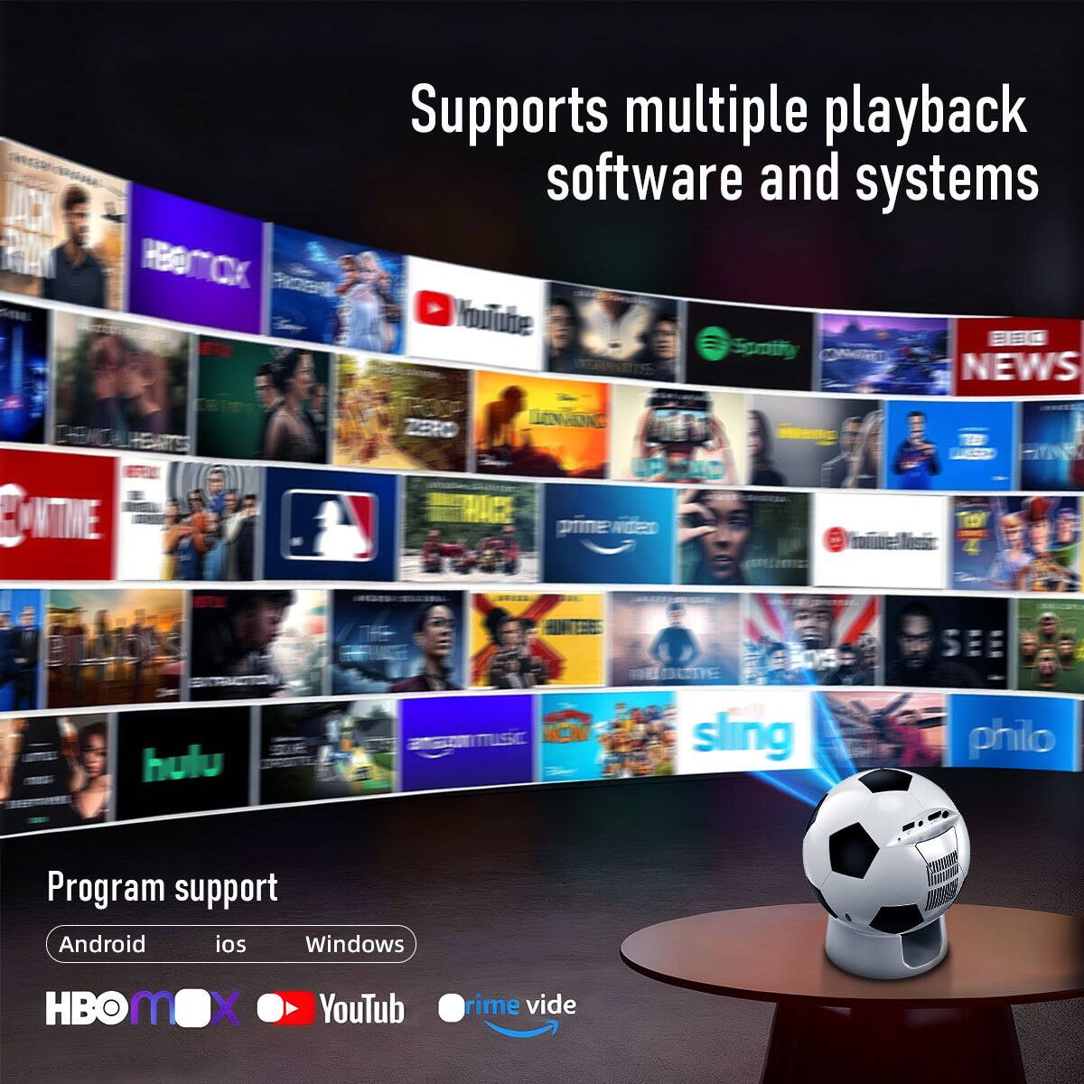 Supports multiple playback software and systems

Program support
- Android
- iOS
- Windows

HBO MAX
YouTube
Prime Video
Spotify
Netflix
Hulu
Sling
Philo
Disney+
NBC News
ESPN
TNT
TBS
CNN
BBC News
NBC
ABC
CBS
FOX
NBC Sports
TNT
TBS
CNN
BBC News
NBC
ABC
CBS
FOX
NBC Sports