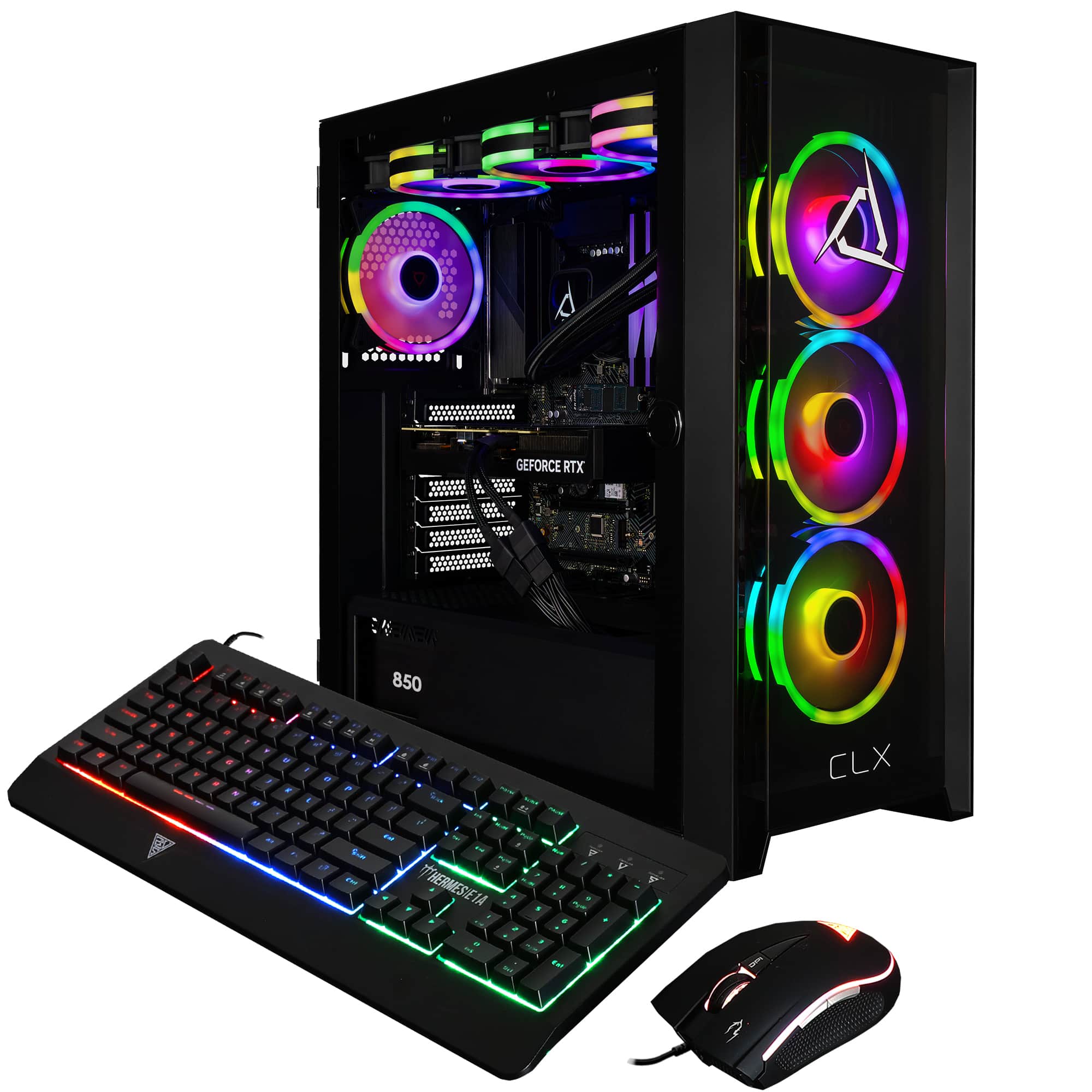 The image features a computer setup with a black computer tower, a keyboard, and a mouse. The computer tower is equipped with a GeForce RTX 2080 Ti graphics card, which is known for its high-performance capabilities. The keyboard and mouse are placed in front of the computer tower, ready for use. The overall setup appears to be a powerful and efficient gaming or workstation.
