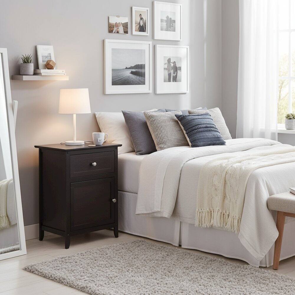Alt View 3. FurniFact - Farmhouse End Table With Storage Espresso Finish, Wooden Side Table And Drawer - Espresso.