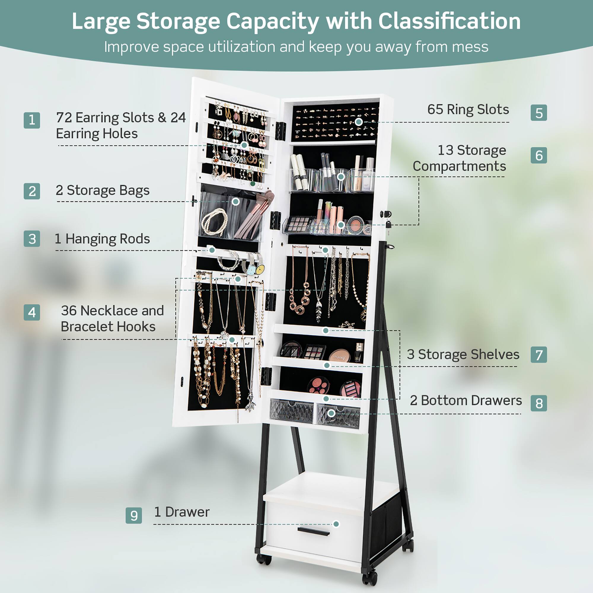 Large Storage Capacity with Classification Improve space utilization and keep you away from mess.

1. 72 Earring Slots & 24 Earring Holes
2. 2 Storage Bags
3. 65 Ring Slots
4. 13 Storage Compartments
5. 3 Hanging Rods
6. 36 Necklace and Bracelet Hooks
7. 3 Storage Shelves
8. 2 Bottom Drawers
9. 1 Drawer