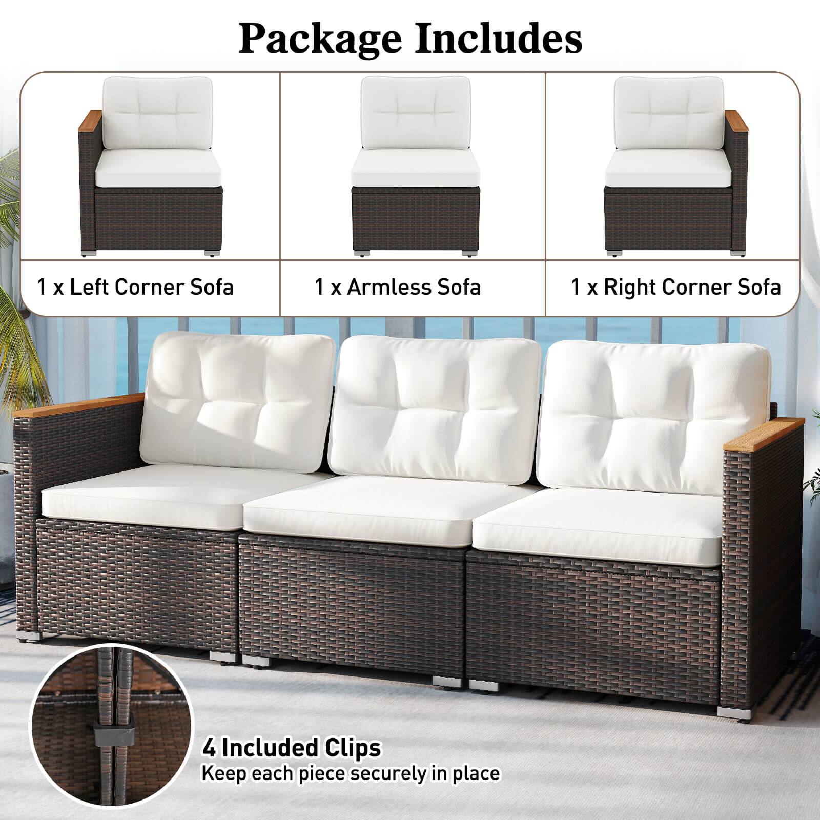 Package Includes

1 x Left Corner Sofa  
1 x Armless Sofa  
1 x Right Corner Sofa  

4 Included Clips  
Keep each piece securely in place