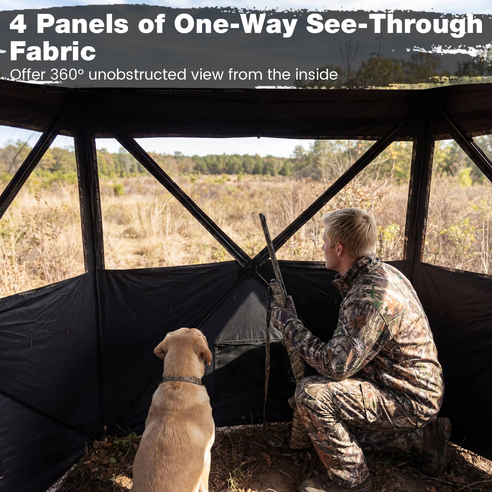 4 Panels of One-Way See-Through Fabric  
Offer 360° unobstructed view from the inside