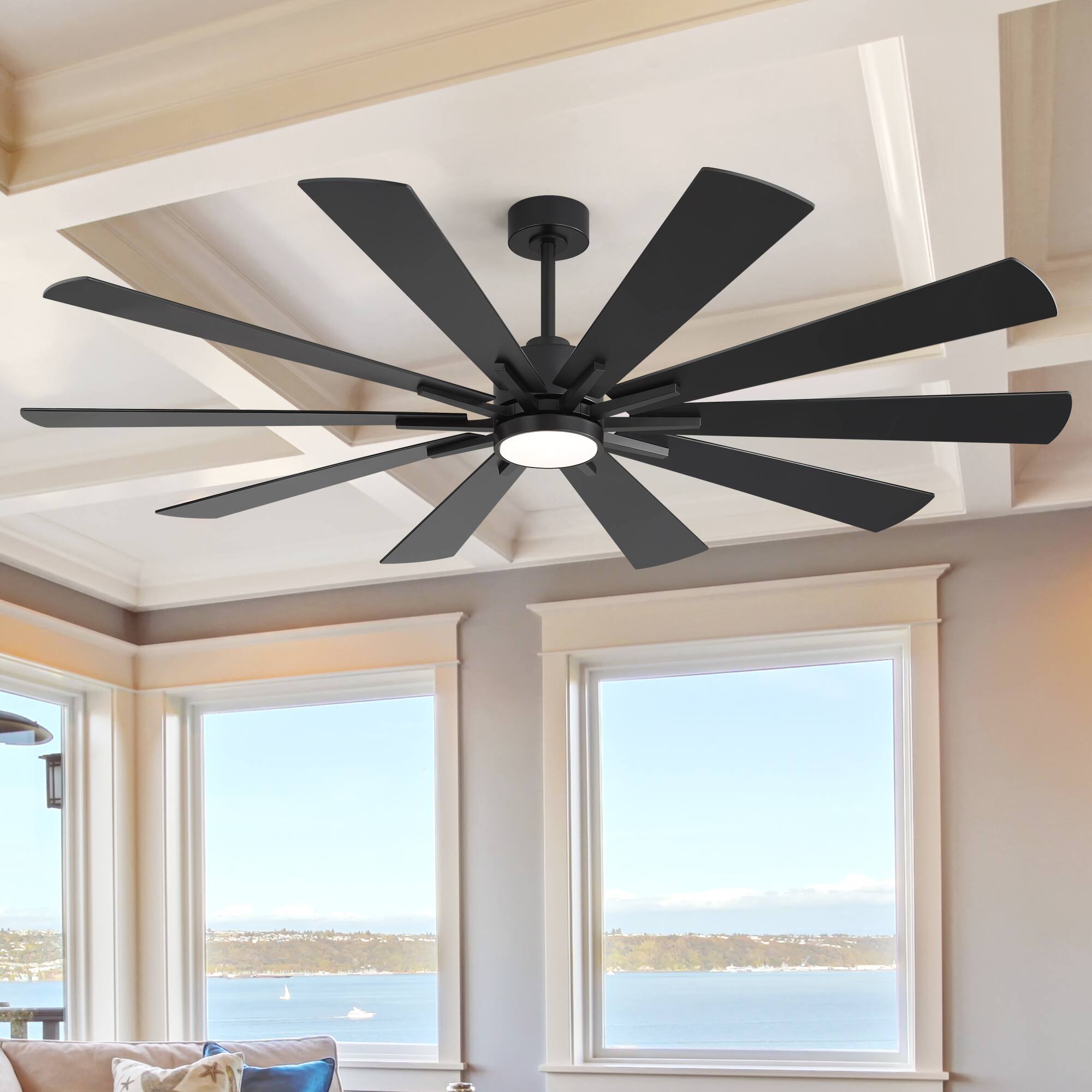 Angle. Breezary - 72-Inch Modern Ceiling Fan, Dimmable LED, 10 Premium Plywood Blades, Quiet DC Motor, Remote Control, 6"/12" Downrods - 72-inch in Black and Walnut finish.