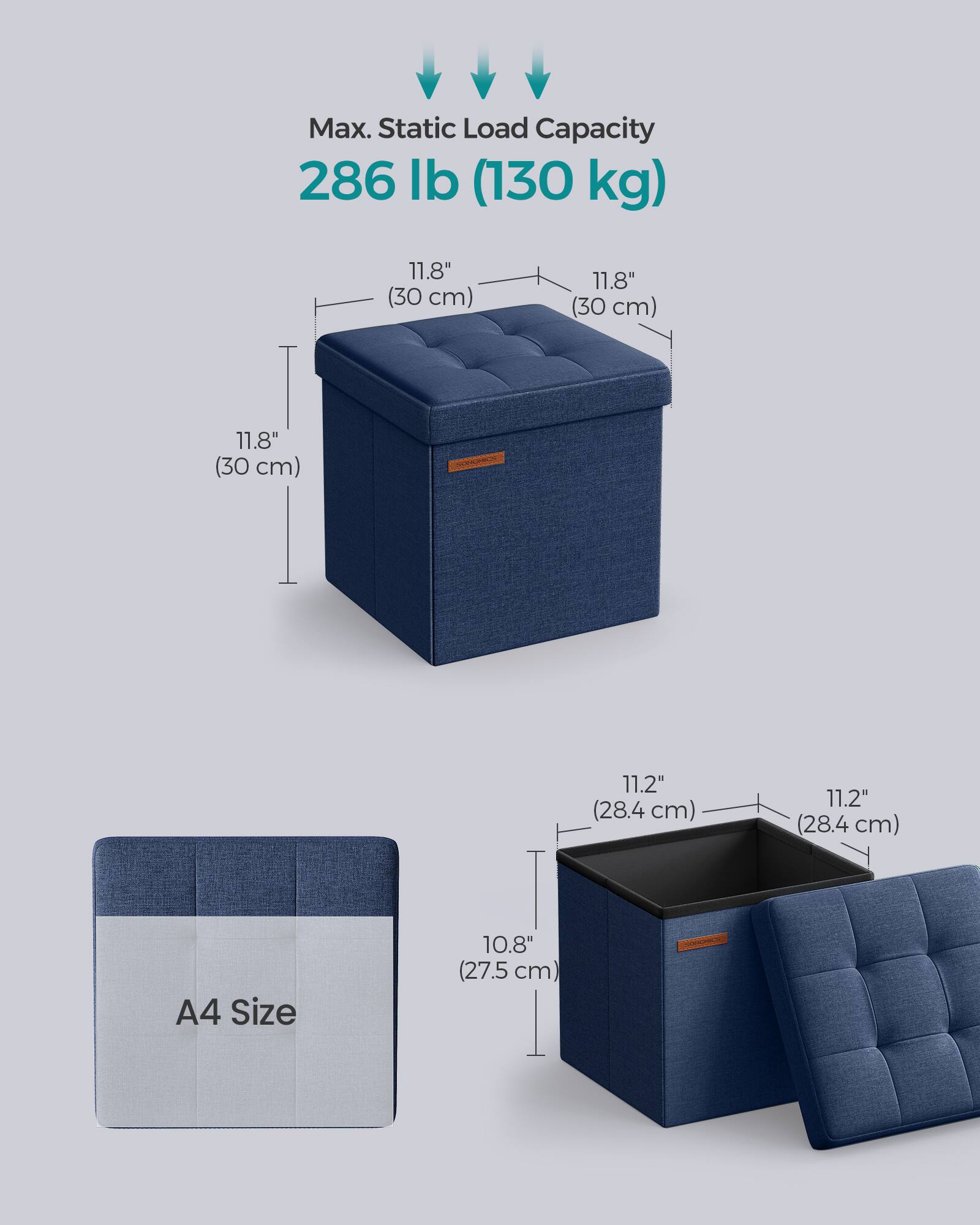 Max. Static Load Capacity 286 lb (130 kg)  
11.8" (30 cm) x 11.8" (30 cm) x 11.8" (30 cm)  
11.2" (28.4 cm) x 11.2" (28.4 cm)  
A4 Size 10.8" (27.5 cm)