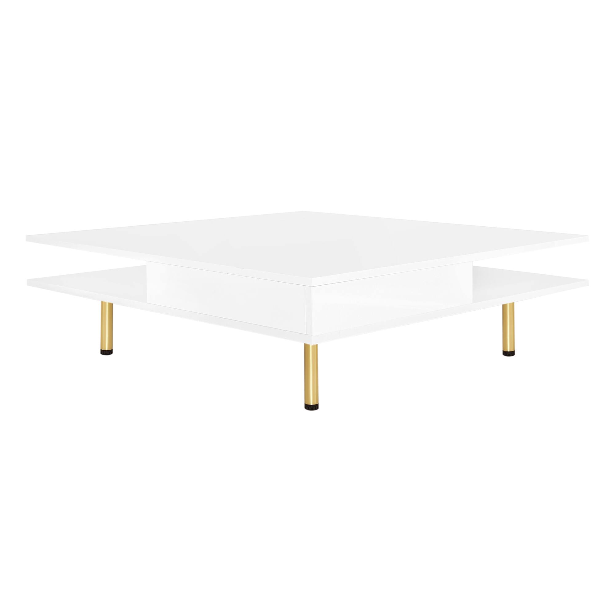 Alt View 9. GOODSILO - Elegant High Gloss Square Coffee Table with Golden Legs and Dual Drawers for Modern Living Room Décor - White.