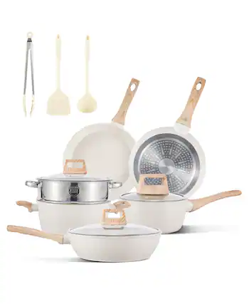 Front. Sugift - 12-Piece Nonstick Ceramic Cookware Set, Granite Pots and Pans Set with Silicone Shovel, Spoon &Tongs - Beige.