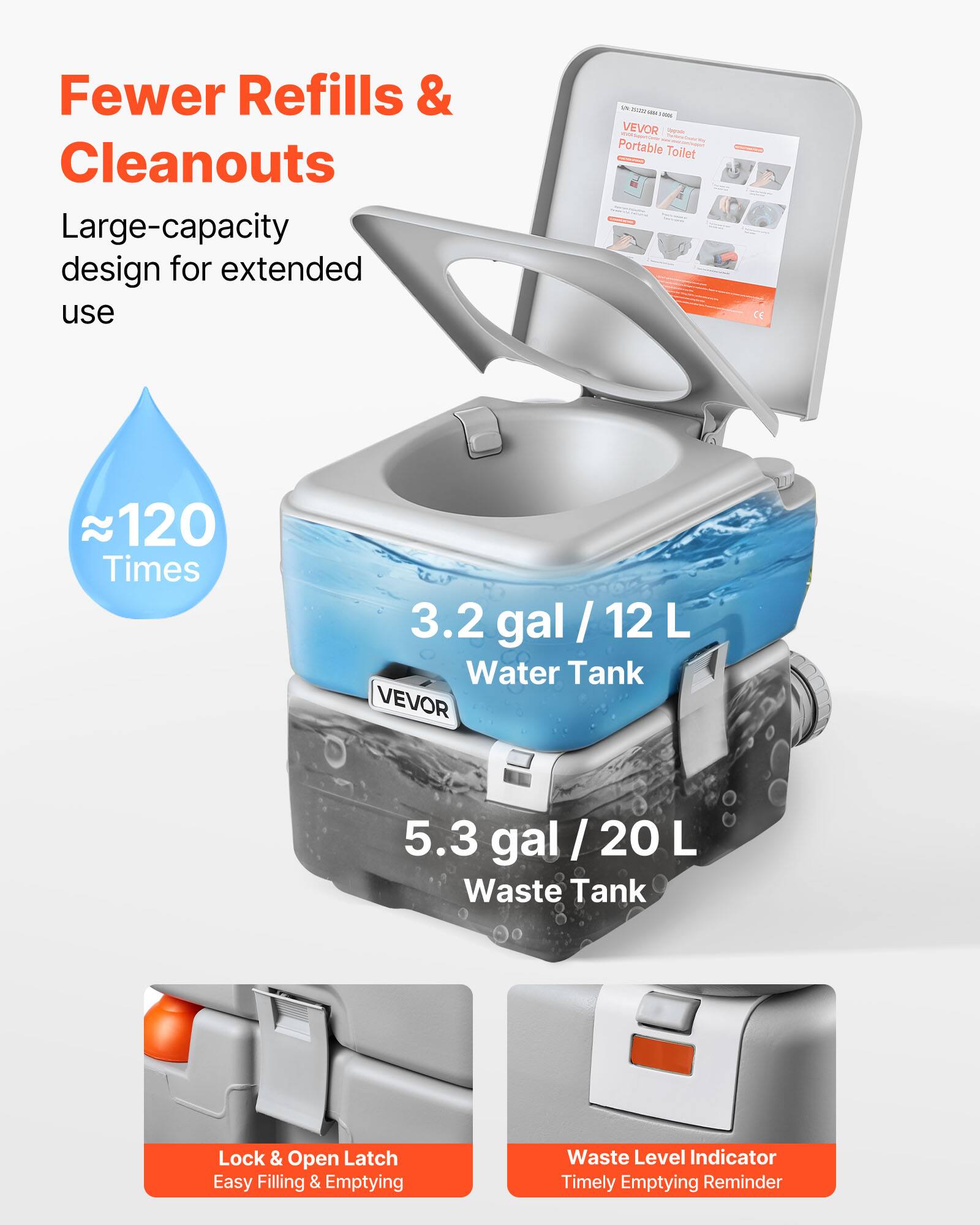 Fewer Refills & Cleanouts  
Large-capacity design for extended use  
- 120 Times  
- 3.2 gal / 12 L Water Tank  
- 5.3 gal / 20 L Waste Tank  
- Lock & Open Latch  
- Easy Filling & Emptying  
- Waste Level Indicator  
- Timely Emptying Reminder