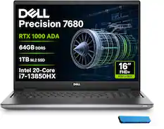 DELL Precision 7680
RTX 1000 ADA
64GB DDR5
1TB M.2 SSD
Intel 20-Core i7-13850HX
16" FHD+ 1920 x 1200