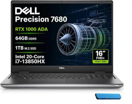 DELL Precision 7680
RTX 1000 ADA
64GB DDR5
1TB M.2 SSD
Intel 20-Core i7-13850HX
16" FHD+ 1920 x 1200