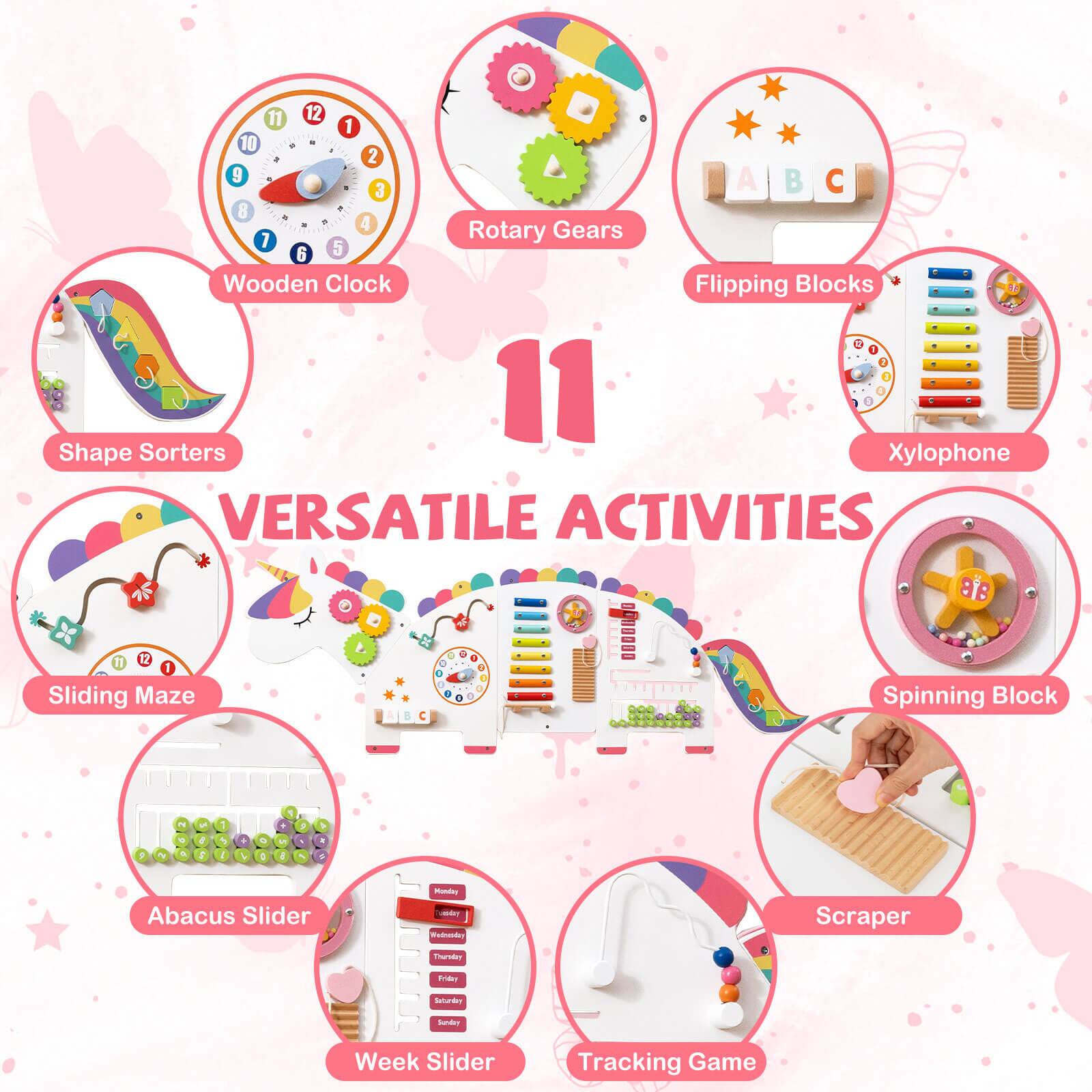 11 12 1 10 2 9 A B C 3 8  
4 Rotary Gears  
7 5 6 Wooden Clock  
Flipping Blocks  
11 Shape Sorters  
Xylophone  
11 1 1 Sliding Maze  
C a O + Spinning Block I -  
1 + . . . * Abacus Slider  
munaas - d Scraper  
Tnurtdee  
Naturdey  
undes Week Slider  
Tracking Game