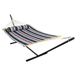 Sunnydaze - Large Quilted Fabric Hammock with Steel Stand - Nautical Stripe