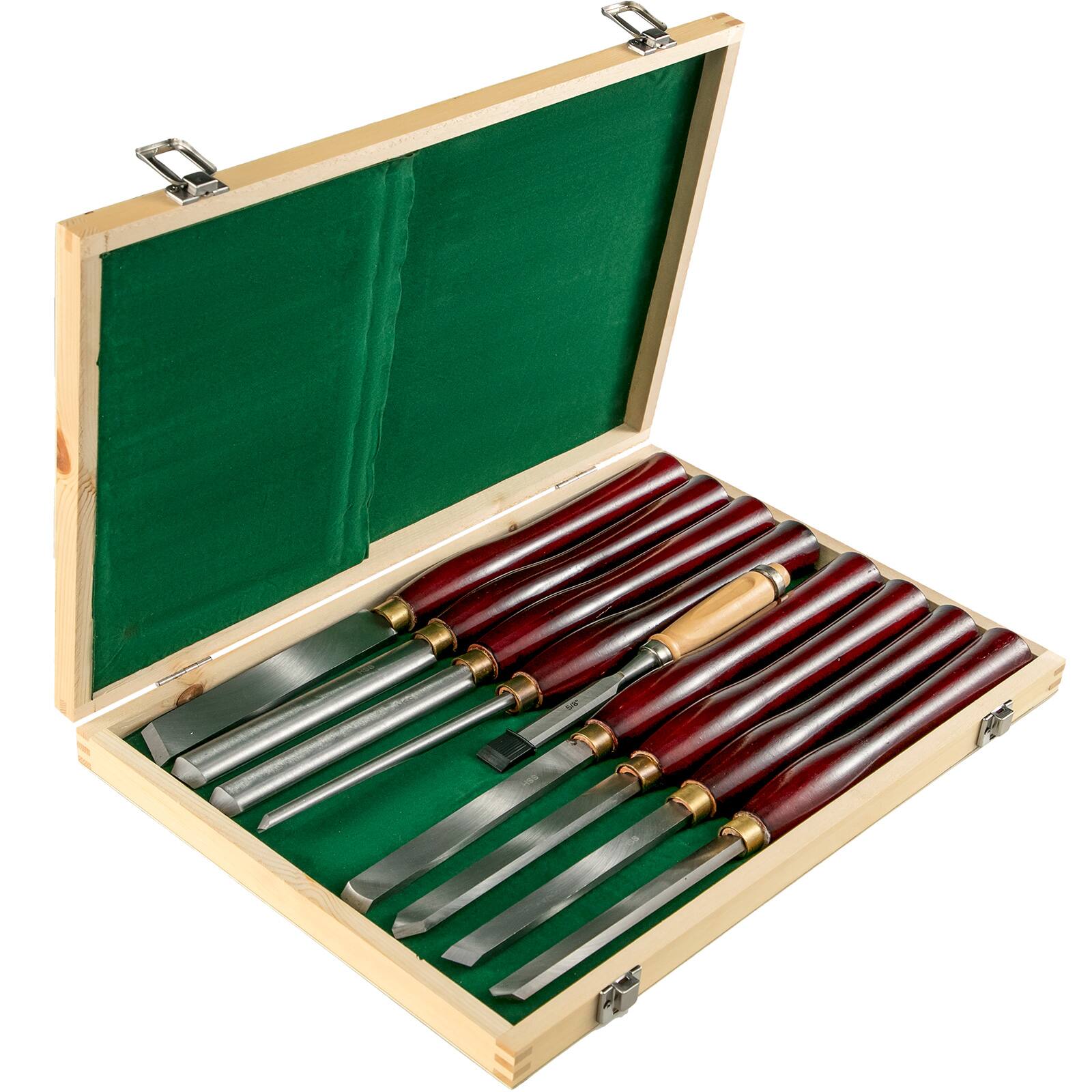 Front. VEVOR - 8-Piece Wood Lathe Chisel Kit, HSS Steel Blades, Woodworking Turning Tools with Wooden Storage Case, Ideal for Wood - Original steel color + Wooden color.