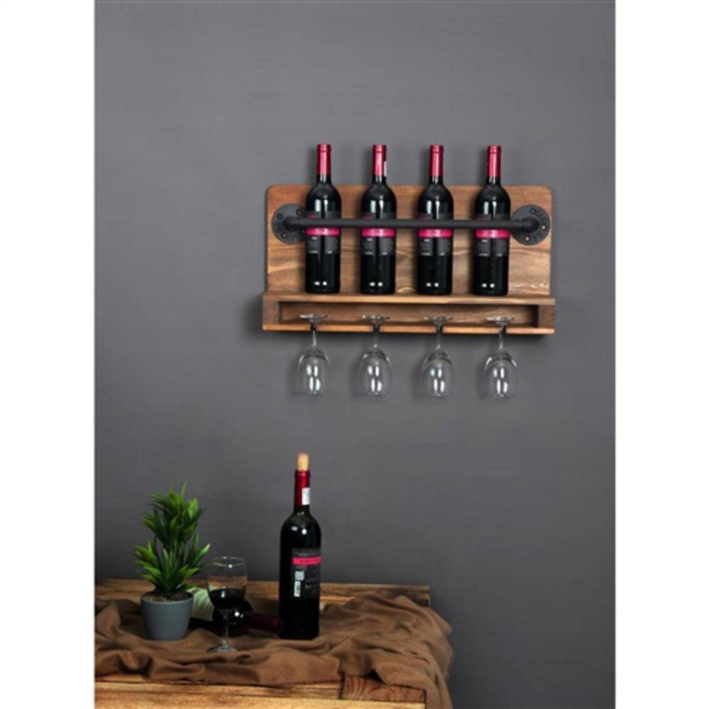 Angle. Hivvago - 4 Bottle Rustic Farmhouse Wall Mounted Wine Rack with Glass Holder - Brown.