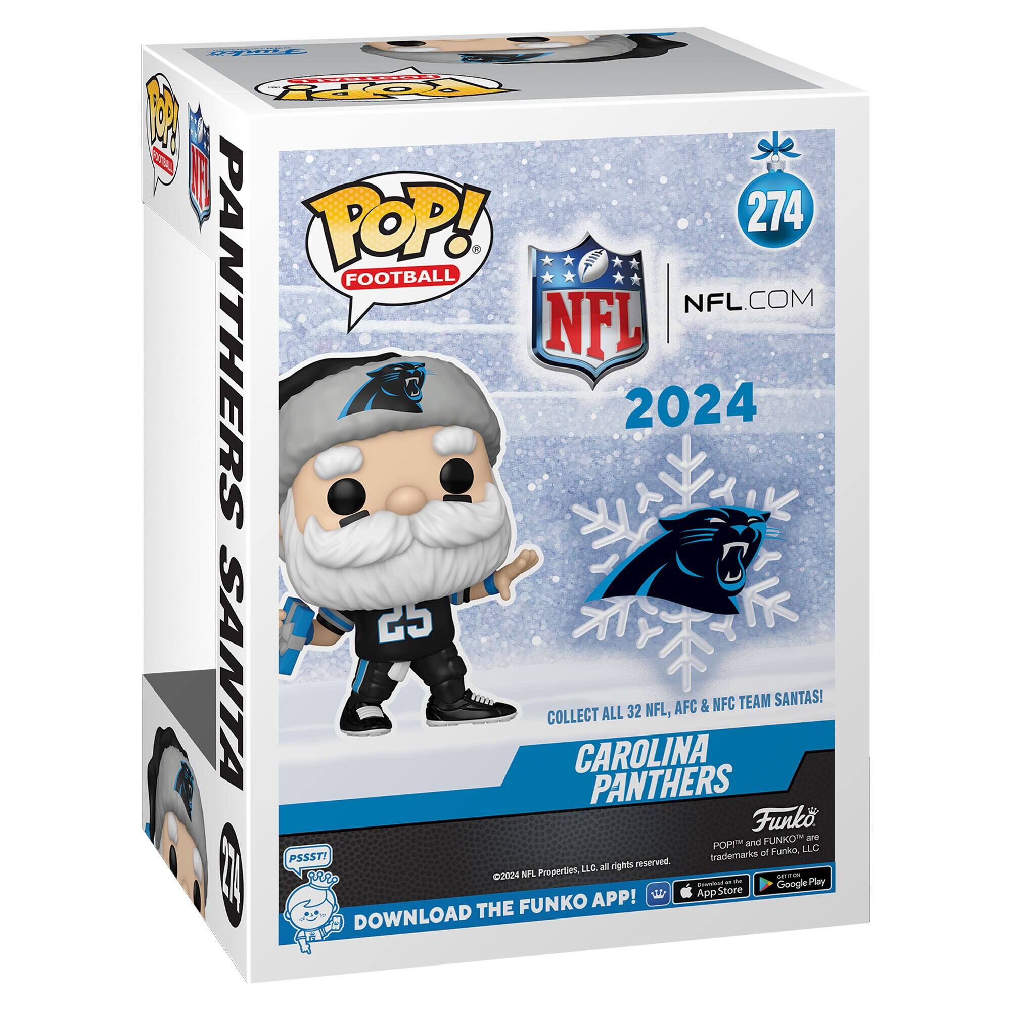 Sure, here is the corrected and grouped text from the image:

---

**Front:**

- **Top Left:** POP! FOOTBALL
- **Top Center:** NFL.COM
- **Top Right:** 274
- **Center:** NFL 2024
- **Below NFL Logo:** COLLECT ALL 32 NFL, AFC & NFC TEAM SANTAS!
- **Below NFL Logo:** CAROLINA PANTHERS
- **Bottom Left:** PSSST! DOWNLOAD THE FUNKO APP!
- **Bottom Right:** ©2024 NFL Properties, LLC. All rights reserved. POP!™ and FUNKO are trademarks of Funko, LLC. App Store and Google Play logos.

**Side:**

- **Top:** PANTHERS SANTA
- **Bottom:** PSSST! DOWNLOAD THE FUNKO APP!

**Back:**

- **Top Left:** TE - o TO W 274 POP! FOOTBALL NFL.COM PANTHERS NFL 2024 25 SANTA COLLECT CAROLINA PANTHERS ALL 32 NFL, AFC & NFC TEAM SANTAS!
- **Bottom:** PSSST! DOWNLOAD THE FUNKO APP!