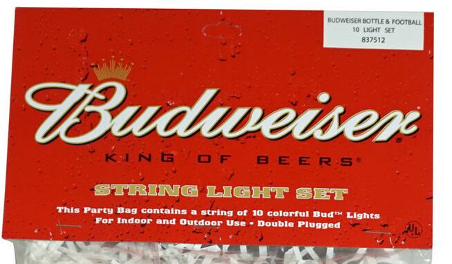 Budweiser  
King of Beers  

Budweiser Bottle & Football  
10 Light Set  
837512  

String Light Set  

This Party Bag contains a string of 10 colorful Bud™ Lights for Indoor and Outdoor Use. Double Plugged.