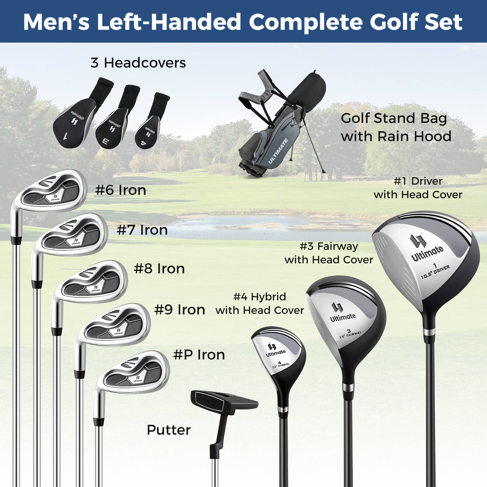 Men's Left-Handed Complete Golf Set

- 3 Headcovers
- #6 Iron
- #7 Iron
- #8 Iron
- #9 Iron with Head Cover
- #P Iron
- Putter
- #1 Driver with Head Cover
- #3 Fairway with Head Cover
- #4 Hybrid with Head Cover
- Golf Stand Bag with Rain Hood