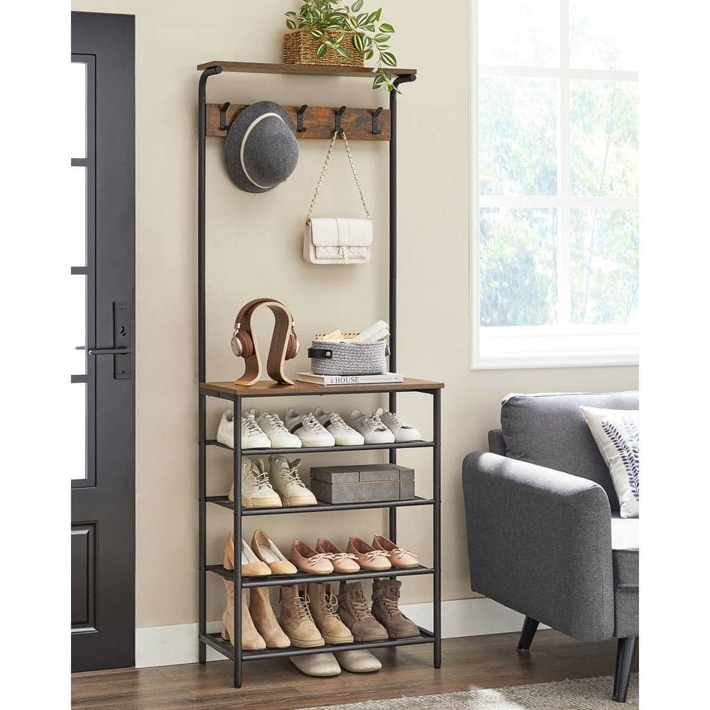 Hivvago - Modern Industrial Style Hall Tree Coat Rack Entryway Shoe Rack with 4 Shelves - Rustic Brown, Black