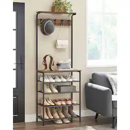 Hivvago - Modern Industrial Style Hall Tree Coat Rack Entryway Shoe Rack with 4 Shelves - Rustic Brown, Black