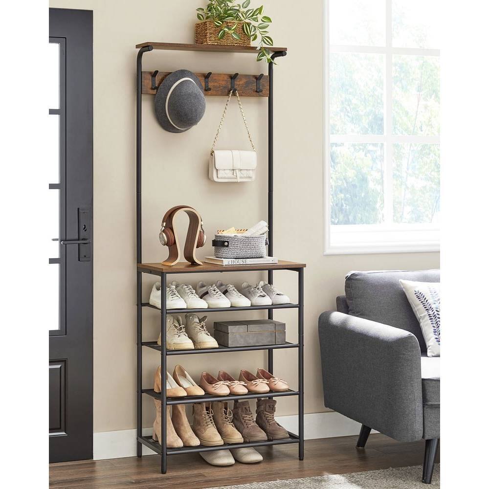 Front. Hivvago - Hivvago Modern Industrial Style Hall Tree Coat Rack Entryway Shoe Rack with 4 Shelves - Rustic Brown, Black.