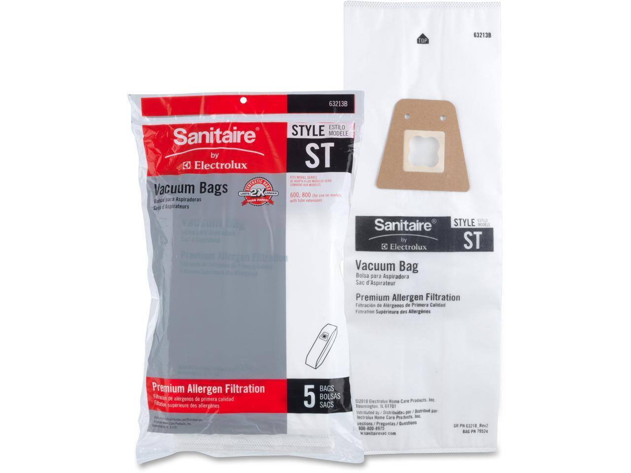 TOP 63213 38 63213B Sanitaire by Electrolux Vacuum Bags  
CISTLOTE 2X balds par 3 Aspiradoras DAN Sud d'Anpirateurs ESTILO STYLE MODELE ST a 600 800 Te ate - mades with Tube calension)  
Sanitaire STYLE MOOELE by ST EC Electrolux Vacuum Bag Bolsa para Aspiradora Sac d'Aspirateur Premium Allergen Filtration filtración de Alergenos de Primera Callidad Fitration Suprieure des Allergnes Premium Allergen Filtration Ficen de alrgenos de primera calidad Fitution suprieure des allergenes BAGS 5 BOLSAS SACS 02018 ectratur Rome Care Products. INC lleomington I 61701 dy distribuida p Distribuid a Electrolux Nome Care Praducts - DESTIONS Preguntas Questions 00-800-8975 wsantartec - GR PN 63218 Rev2 BAC F 79524

---

Sanitaire by Electrolux  
