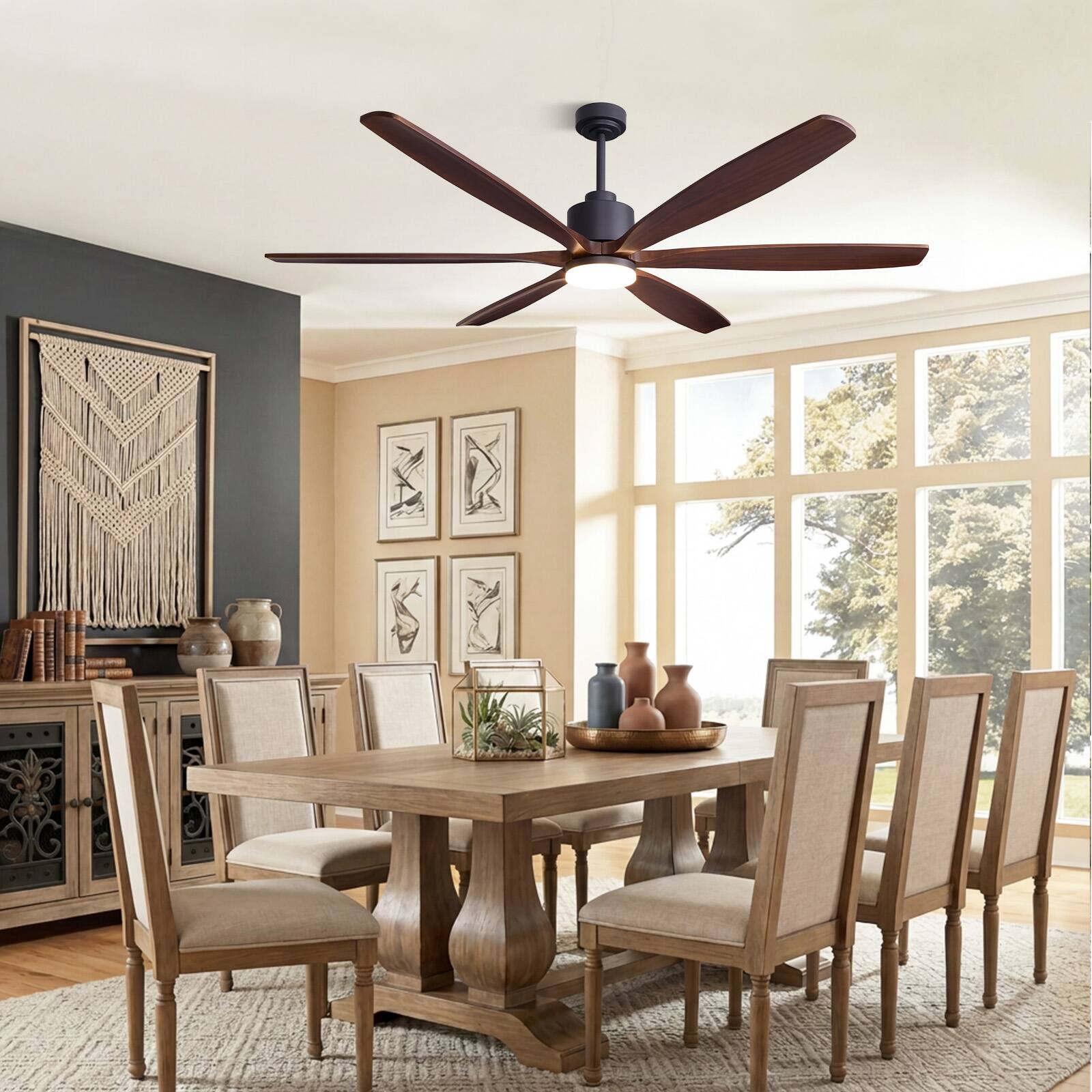 Alt View 2. Siljoy - 72 inch Black and Walnut Modern Ceiling Fan Curved Solid Wood Blades LED Light Remote for Great Room Living Room Foyer - BROWN.